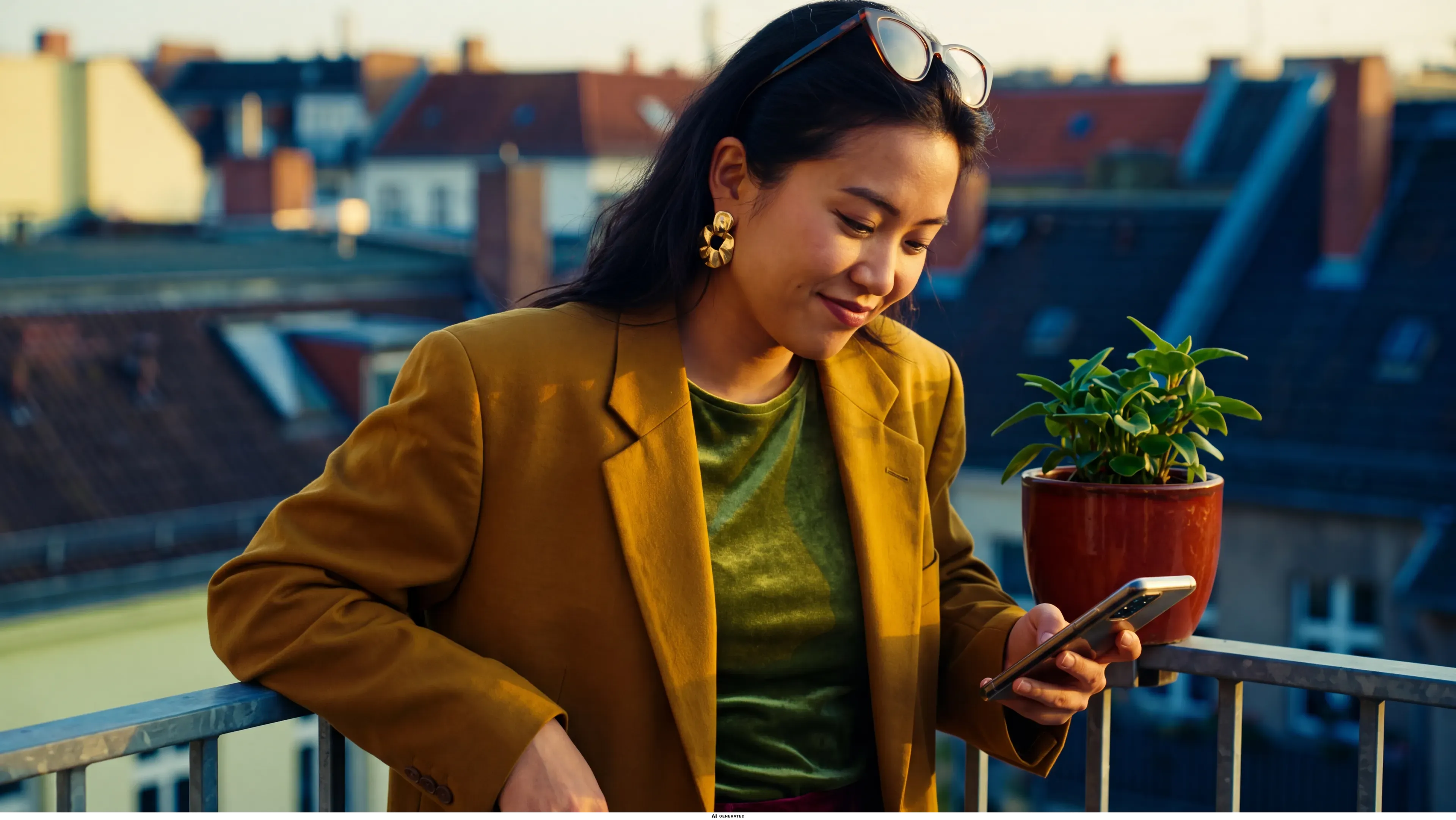 Eine Frau schaut bei Sonnenuntergang auf ihr Smartphone.