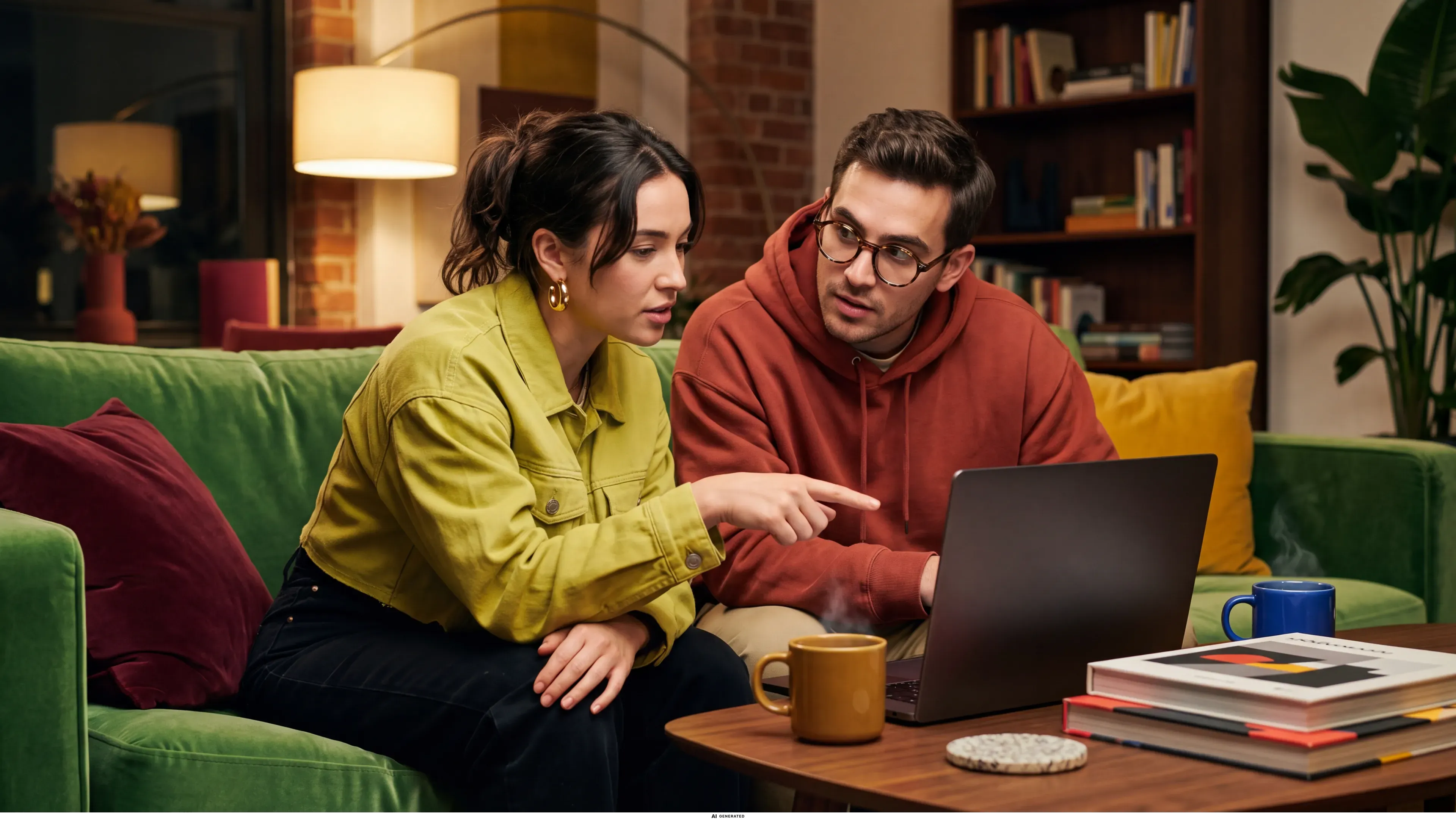 Ein Paar sitzt mit einem Laptop auf dem Sofa.