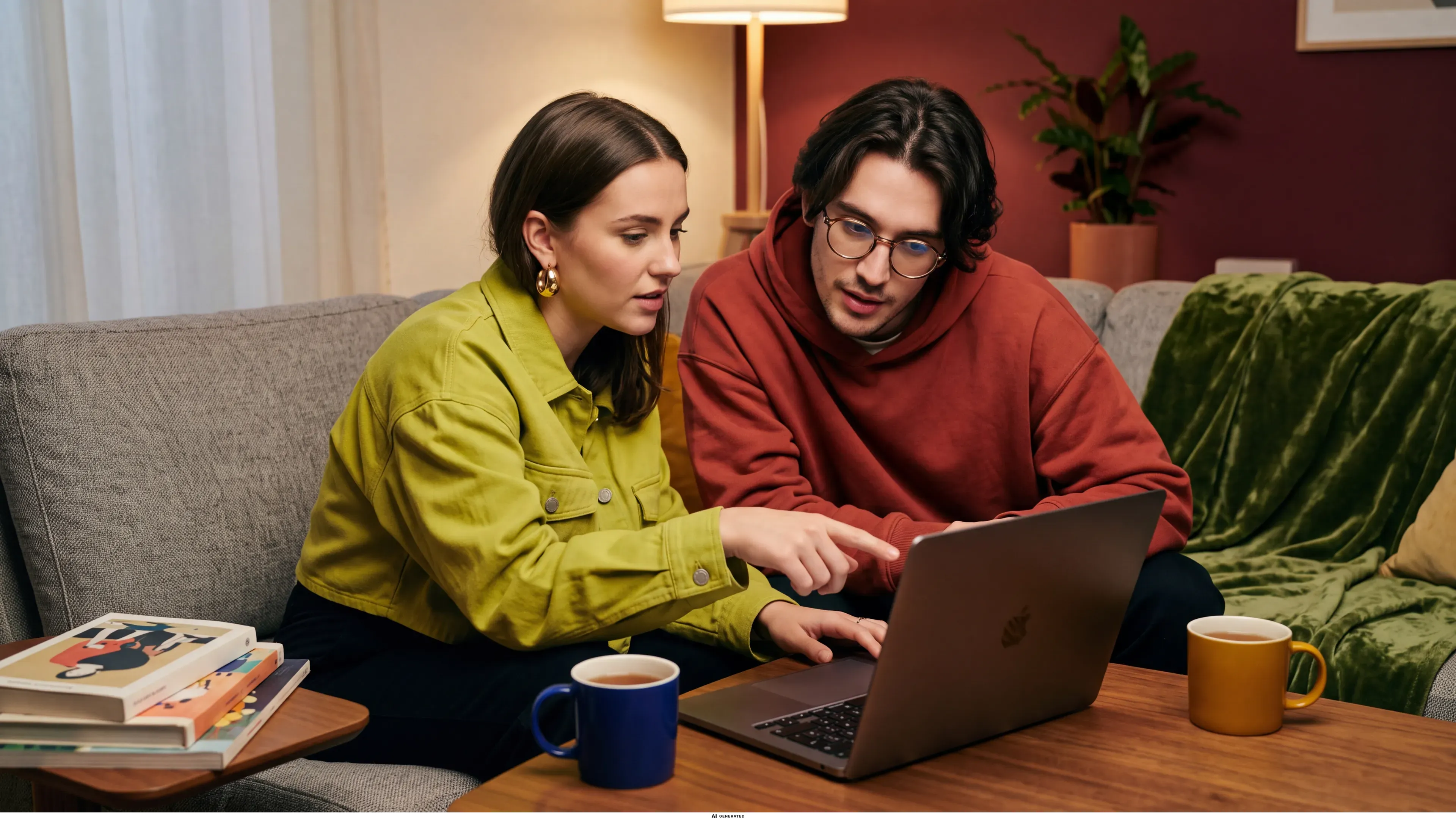 Ein Paar sitzt mit einem Laptop auf dem Sofa.