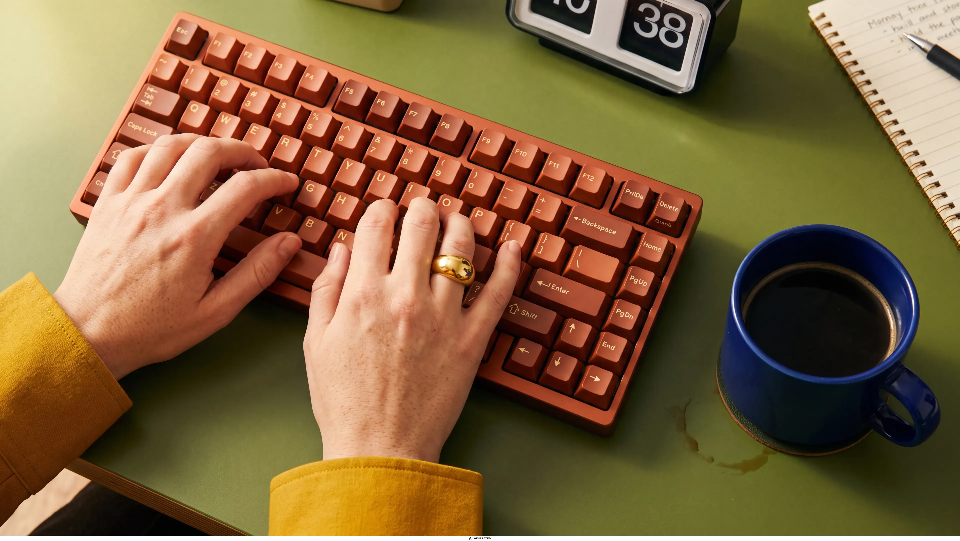 Nahaufnahme einer mechanischen Tastatur auf einem Schreibtisch, während zwei Hände darauf tippen.
