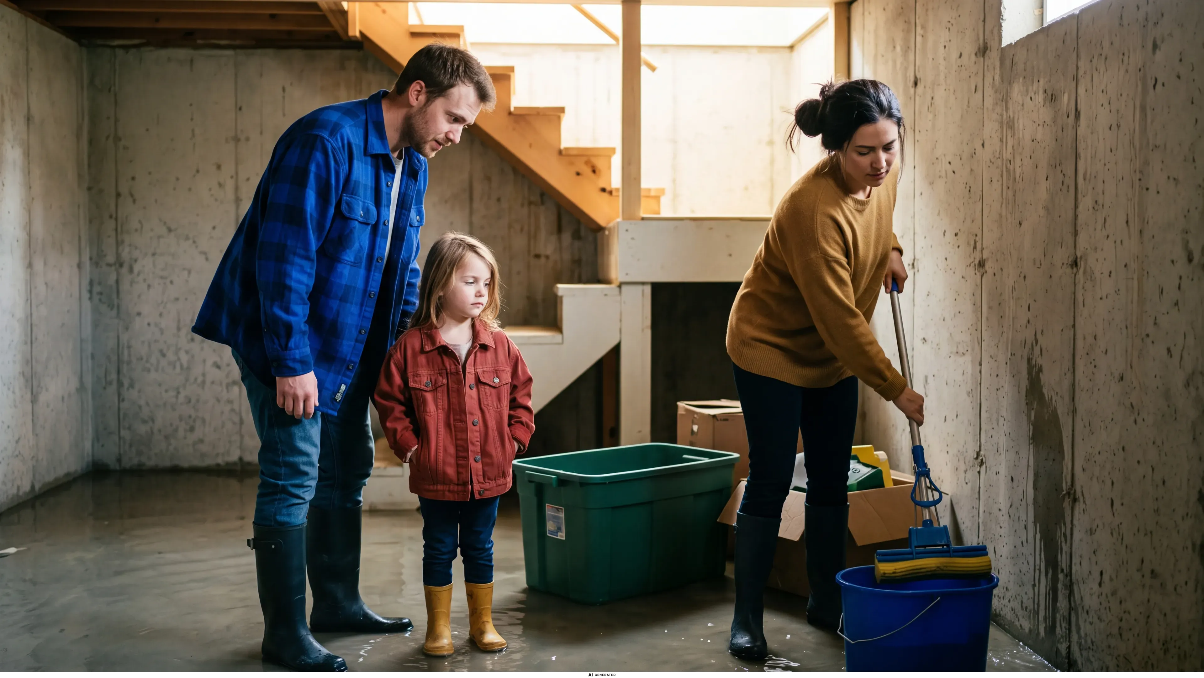 Ein junges Paar wischt mit der Tochter Wasser aus einem nassen Keller.
