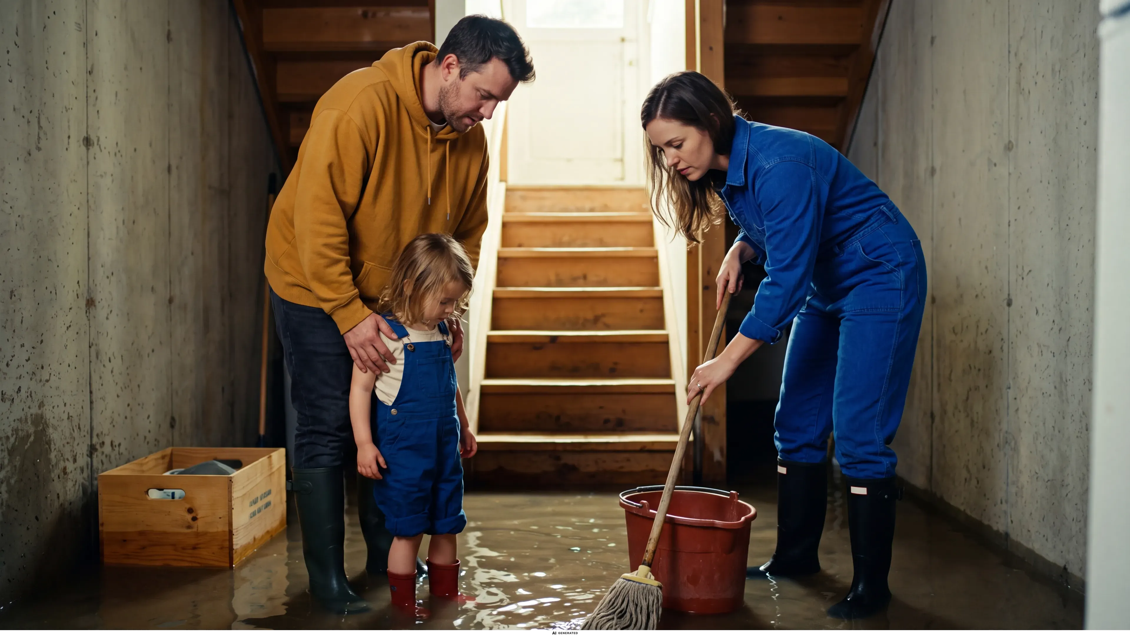 Ein junges Paar wischt mit der Tochter Wasser aus einem nassen Keller.