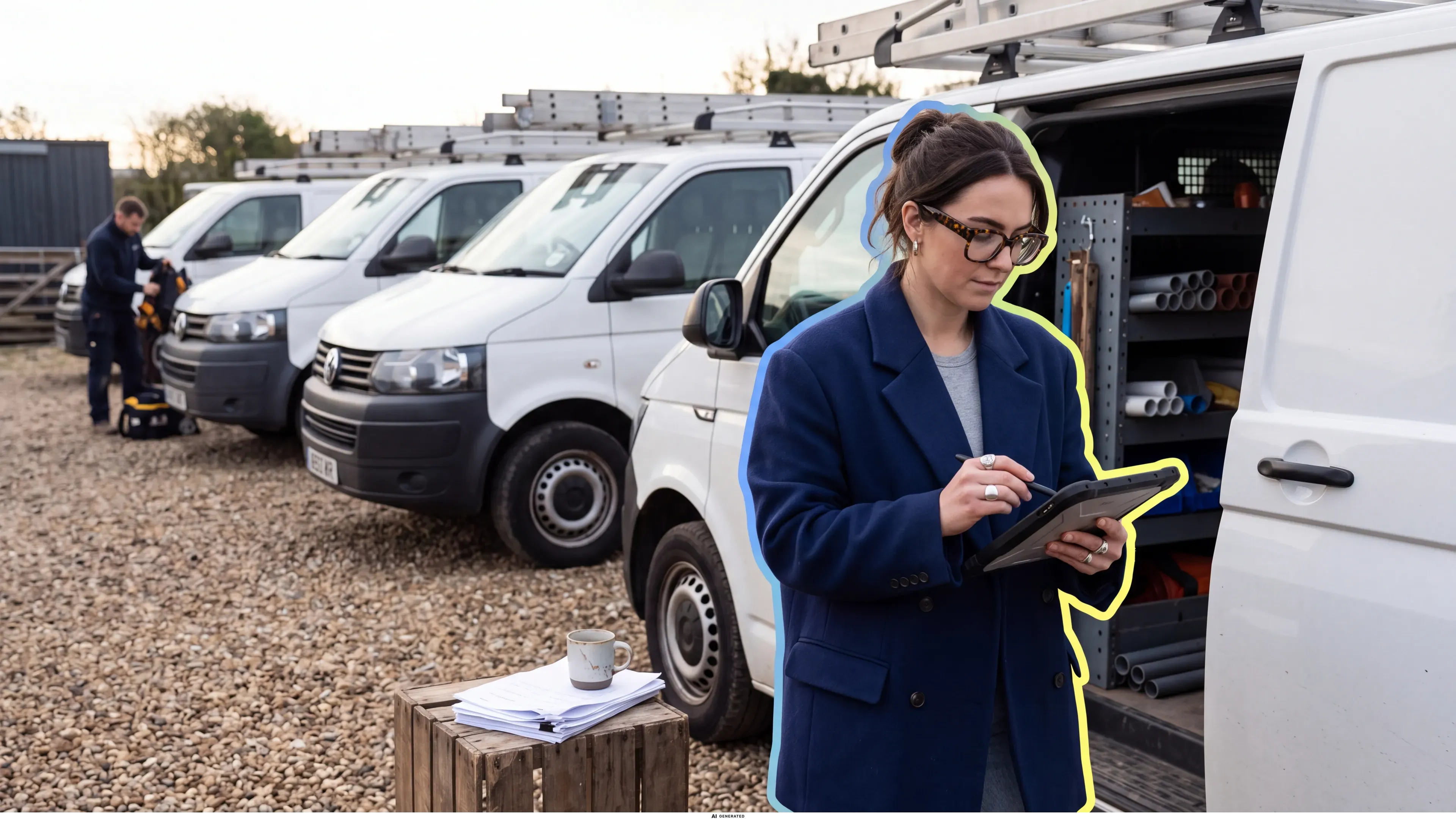 Eine Frau mit Tablet steht vor mehreren Firmenfahrzeugen eines Handwerksbetriebs.