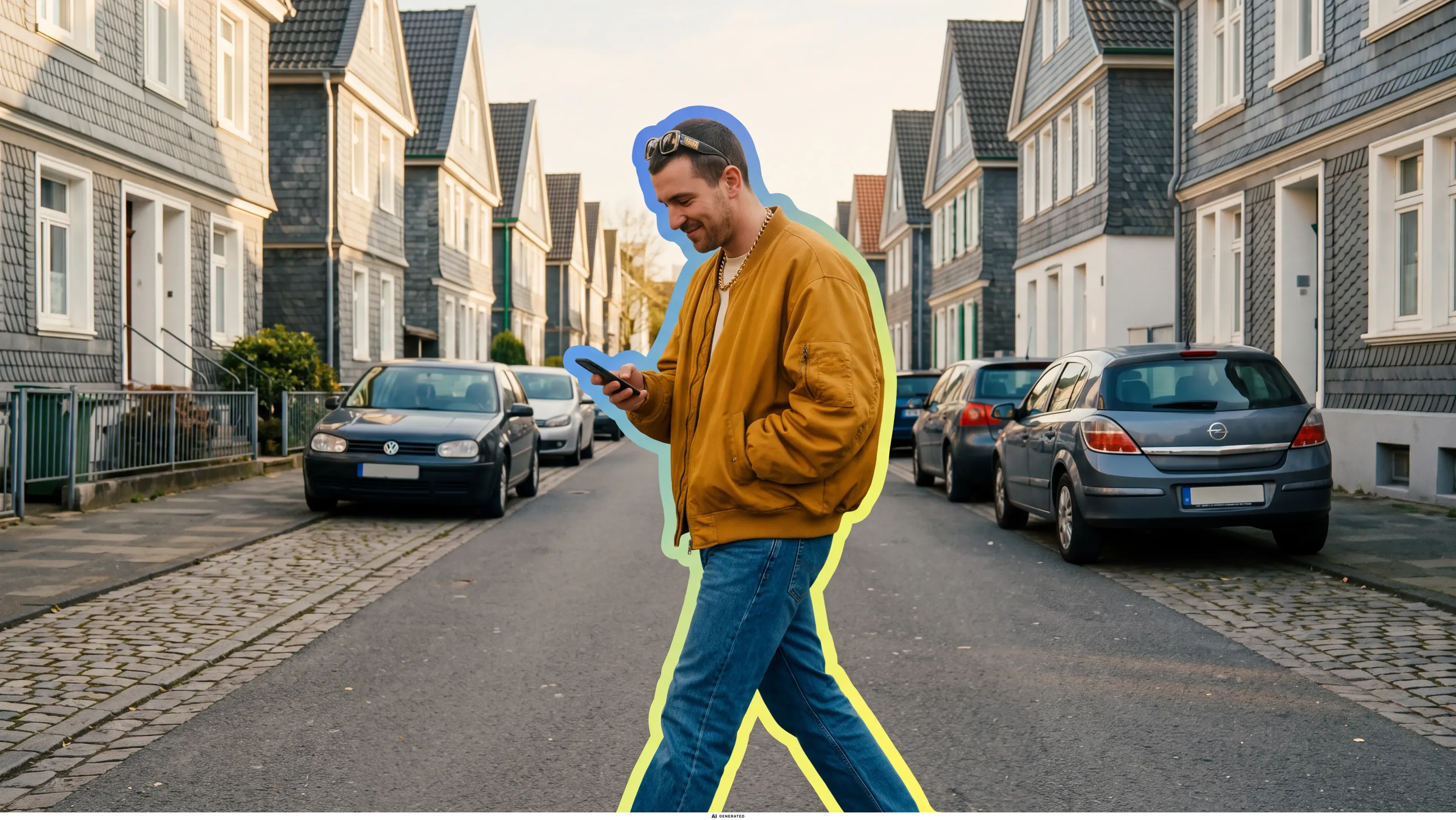 Ein Mann überquert lächelnd eine sonnige Straße und schaut auf sein Smartphone.