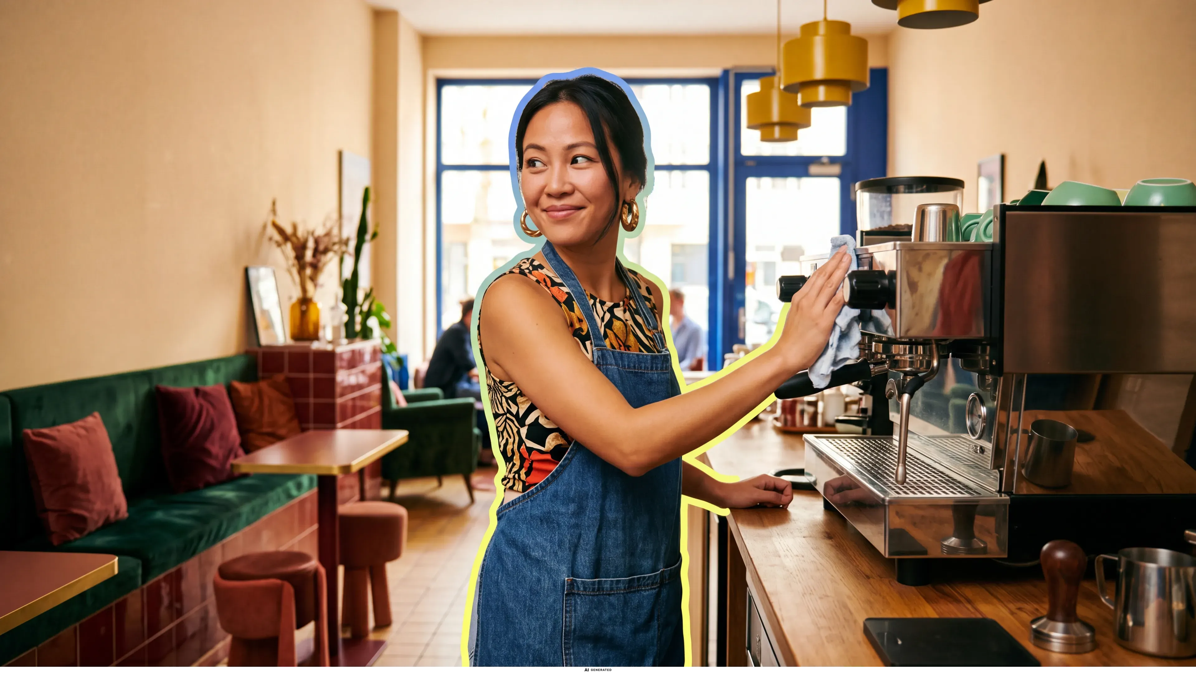 Eine Frau reinigt eine Espressomaschine in ihrem Café.