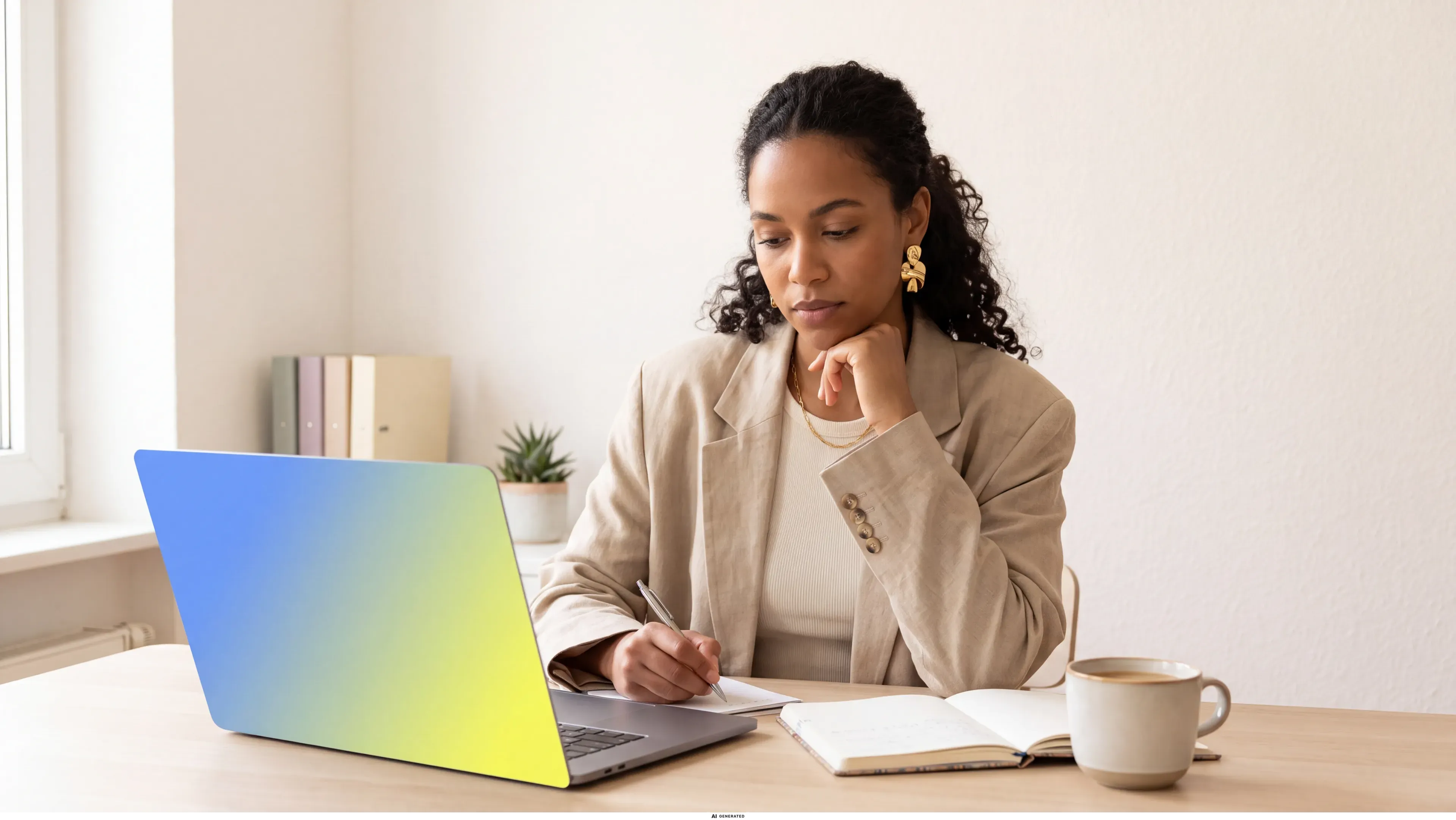 Eine Frau sitzt mit Laptop und Notizbuch am Schreibtisch.