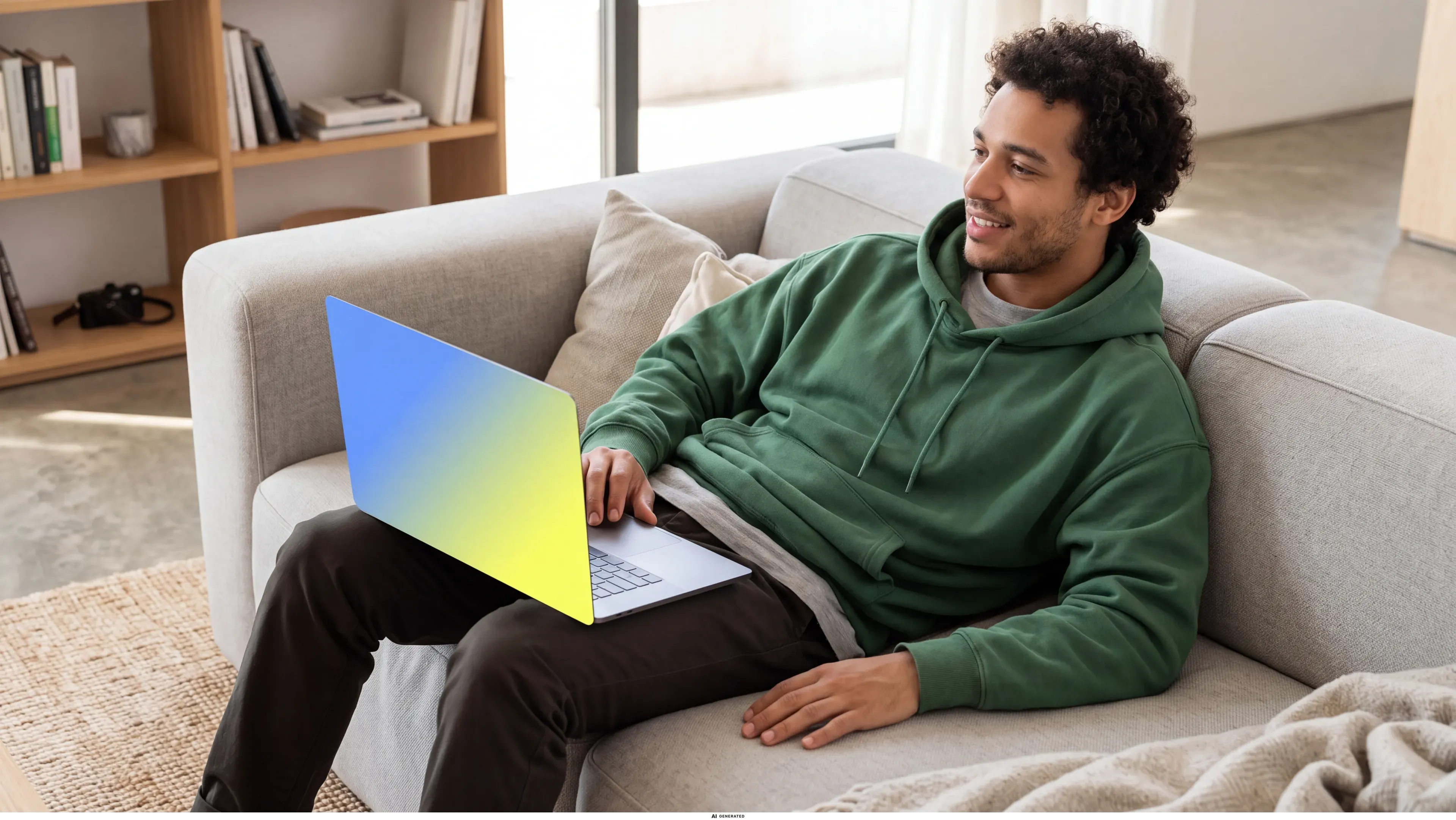 Ein Mann liegt nachdenklich mit Laptop auf dem Sofa.