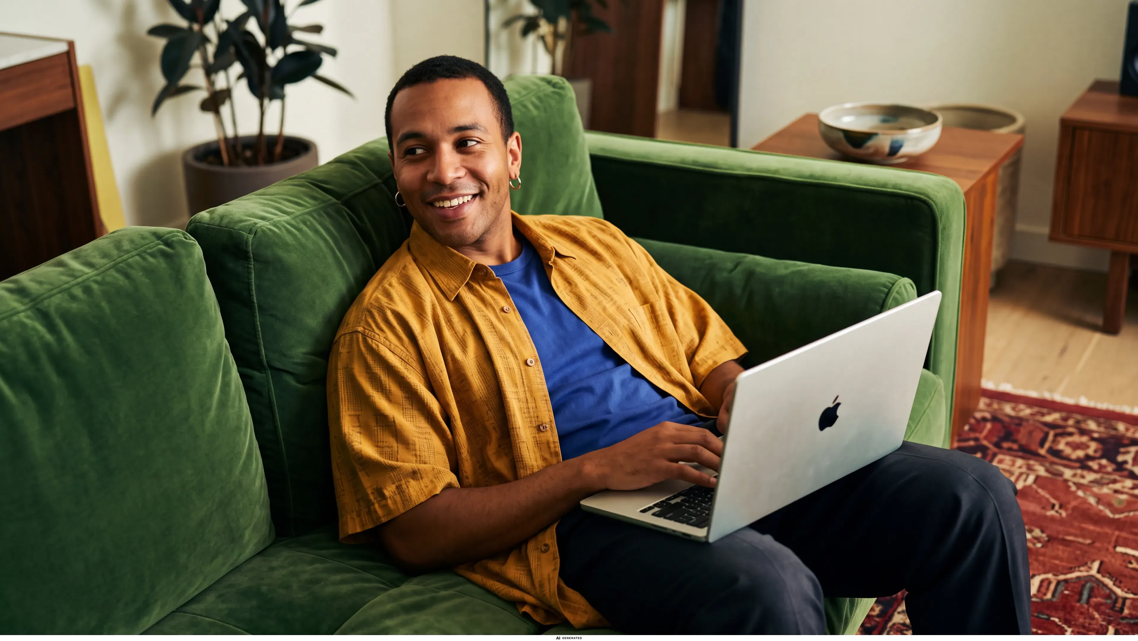 Ein Mann liegt nachdenklich mit Laptop auf dem Sofa.