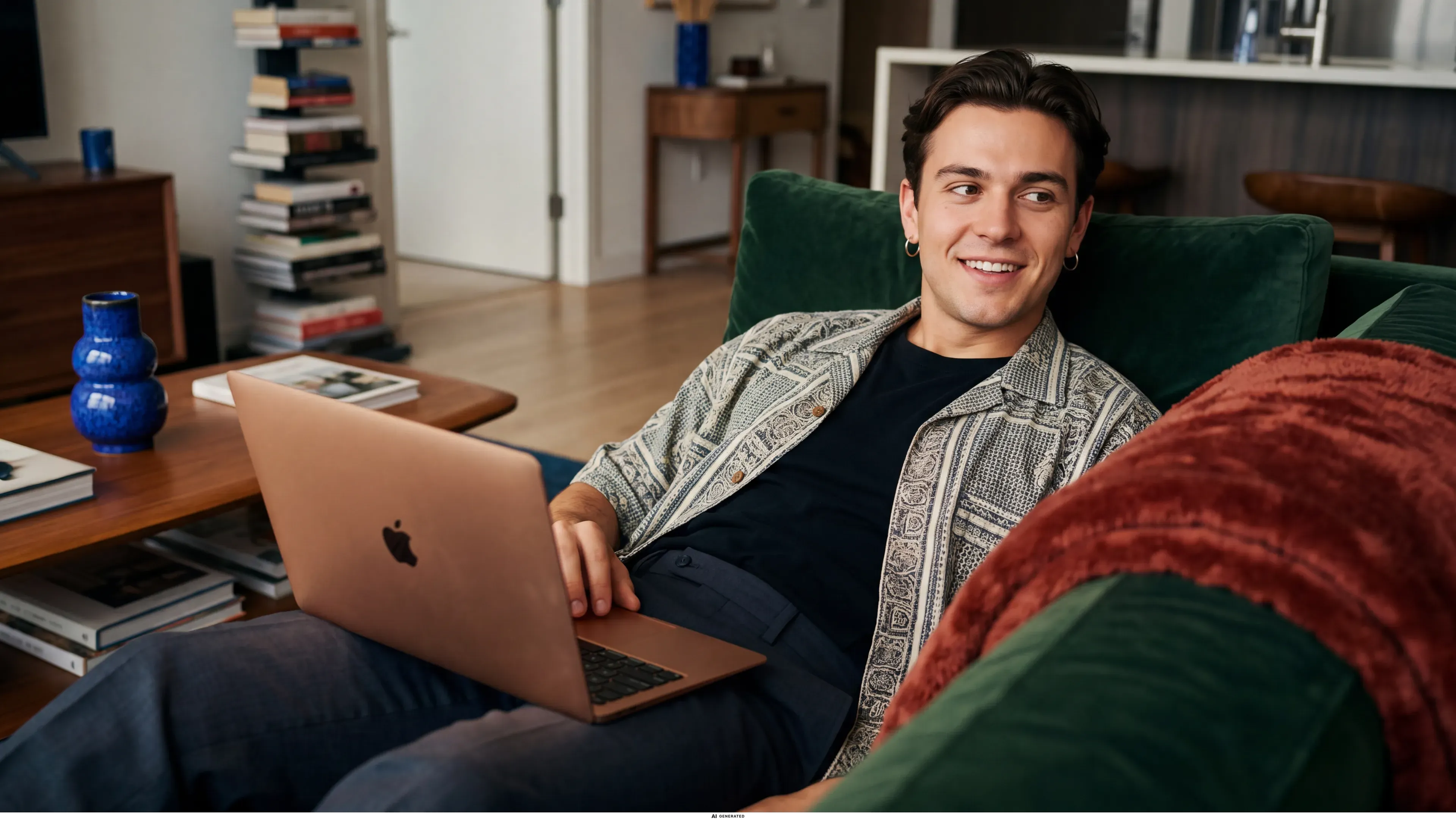 Ein Mann liegt nachdenklich mit Laptop auf dem Sofa.
