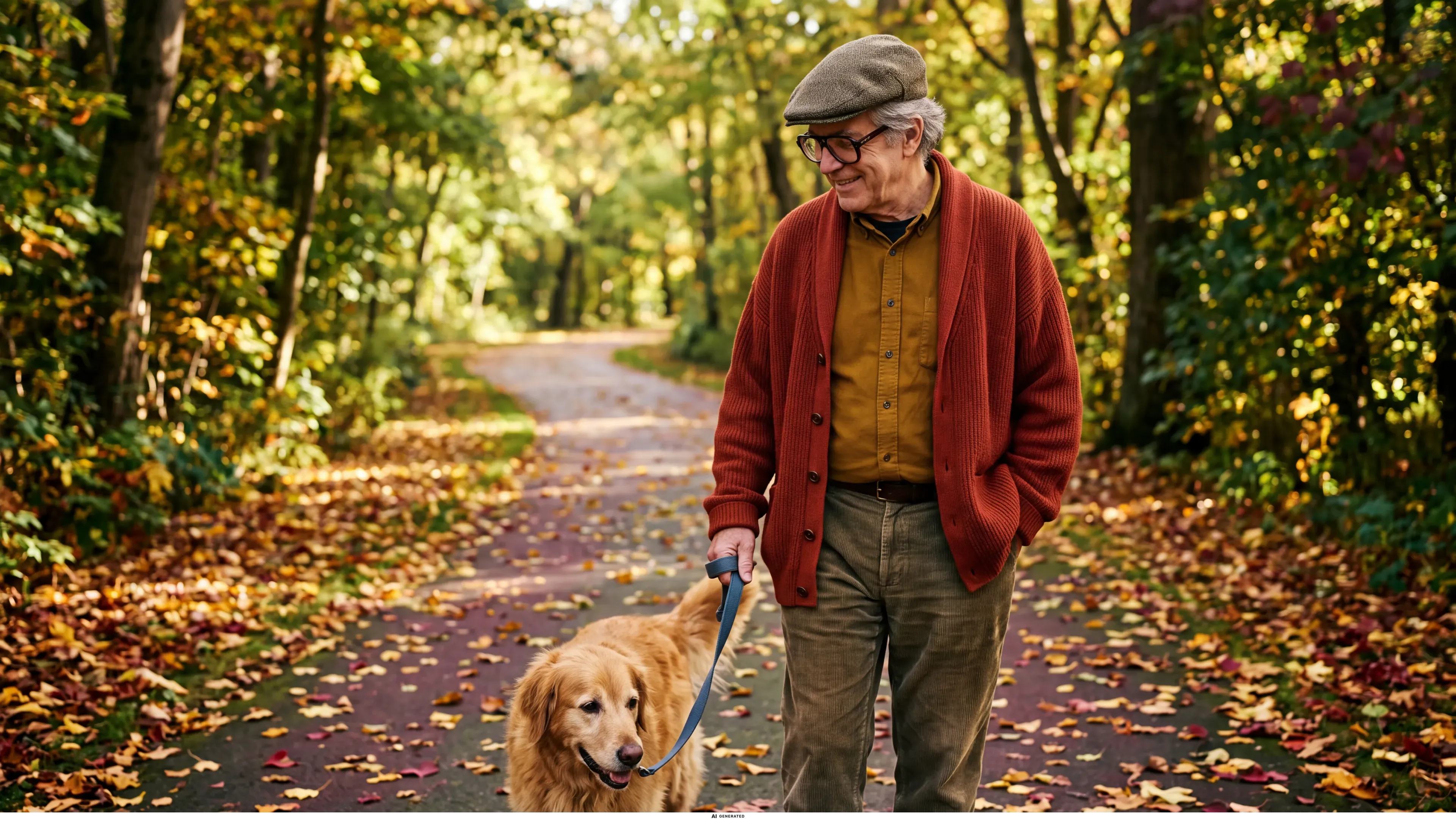 Ein älterer Mann geht mit seinem Hund im Park.