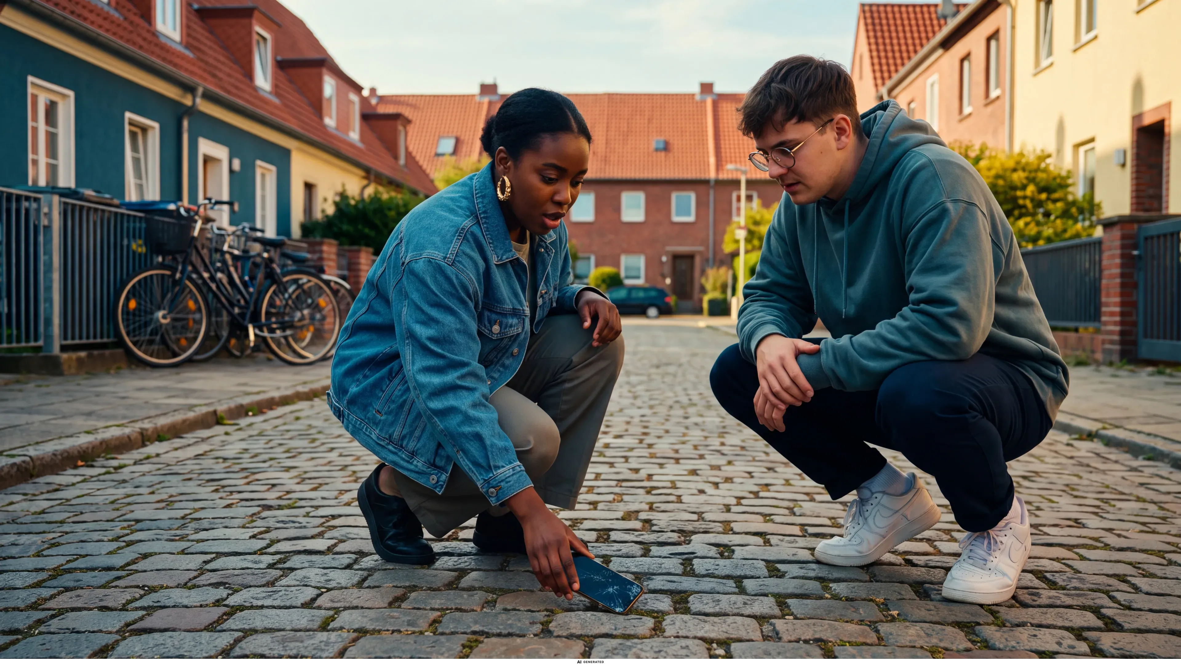 Zwei junge Freunde auf der Straße, einer Person fällt das Handy aus der Hand.