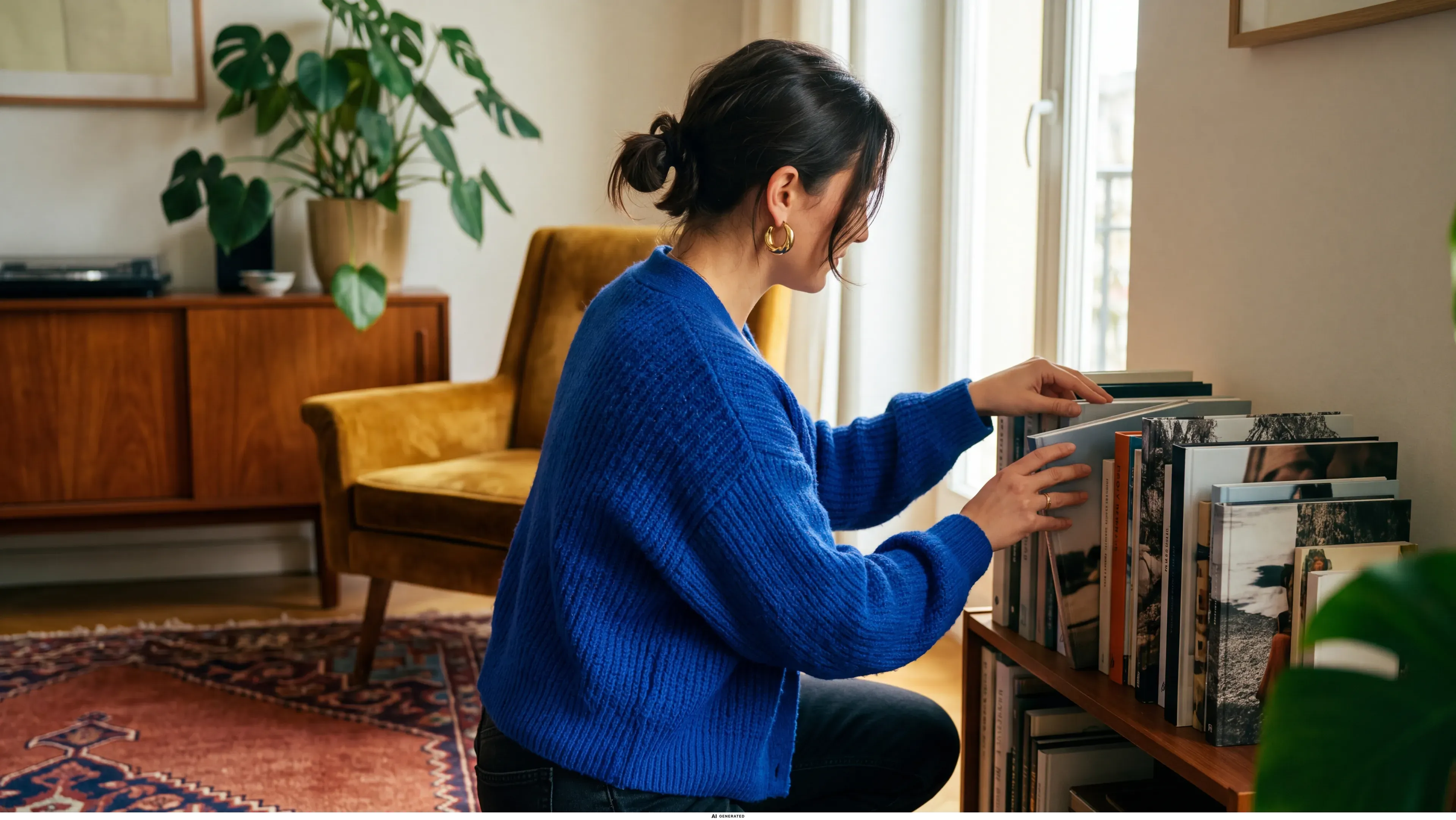 Eine Frau stellt Bücher in ein Regal in ihrem stilvoll eingerichteten Wohnzimmer.