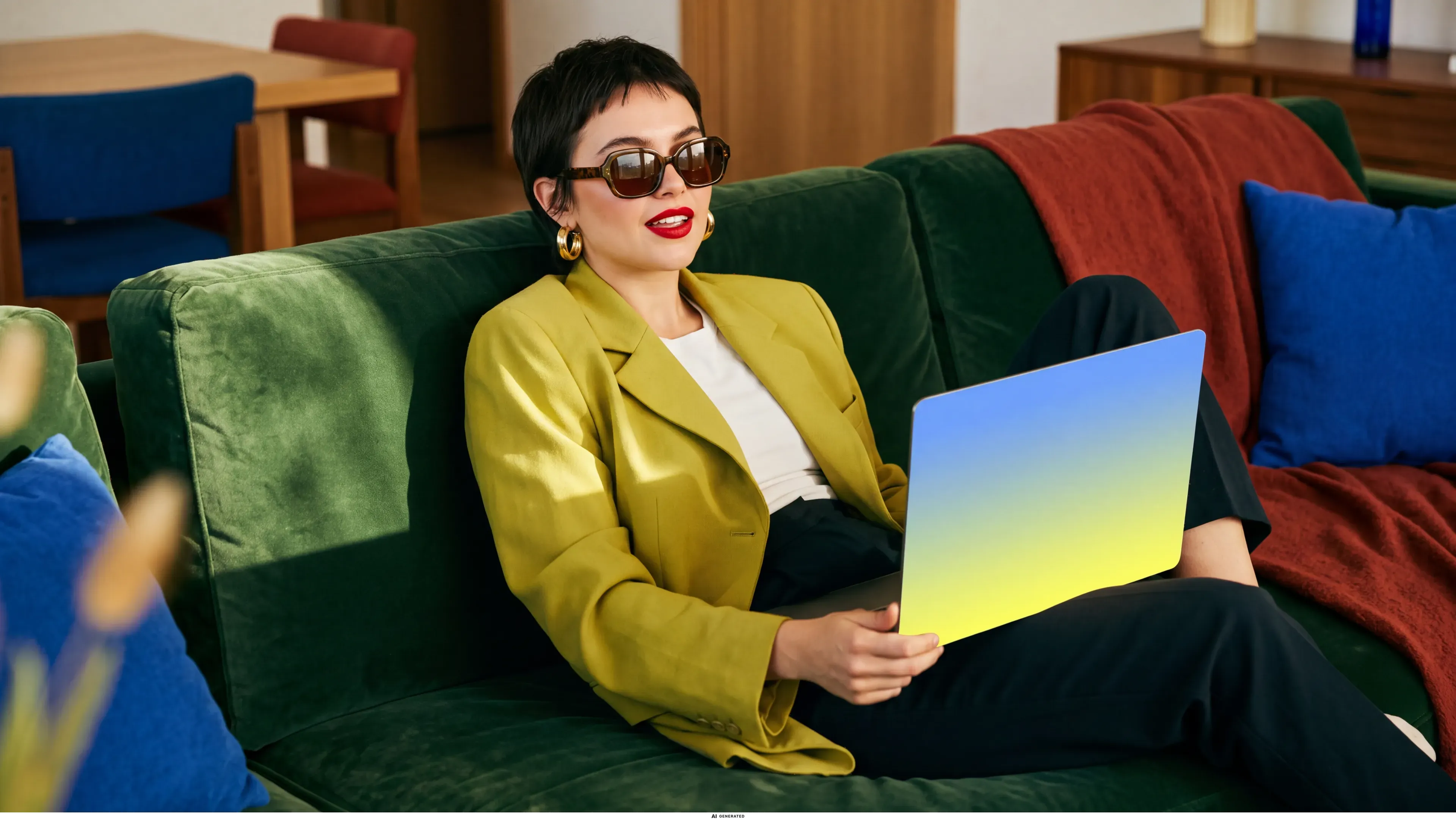 Eine Frau liegt entspannt auf einem Sofa, ein aufgeklapptes Laptop auf dem Schoß.