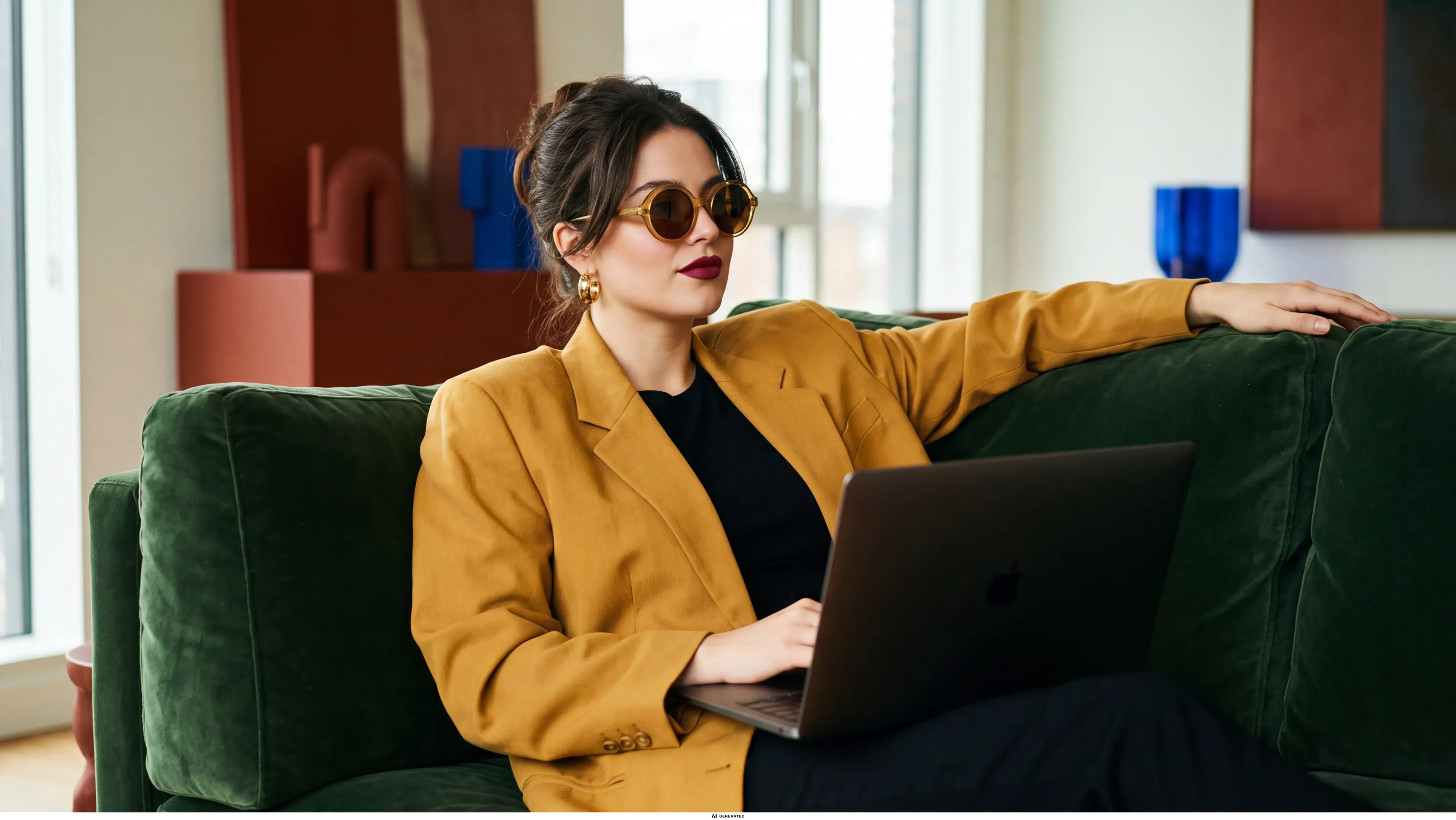 Eine Frau liegt entspannt auf einem Sofa, ein aufgeklapptes Laptop auf dem Schoß.