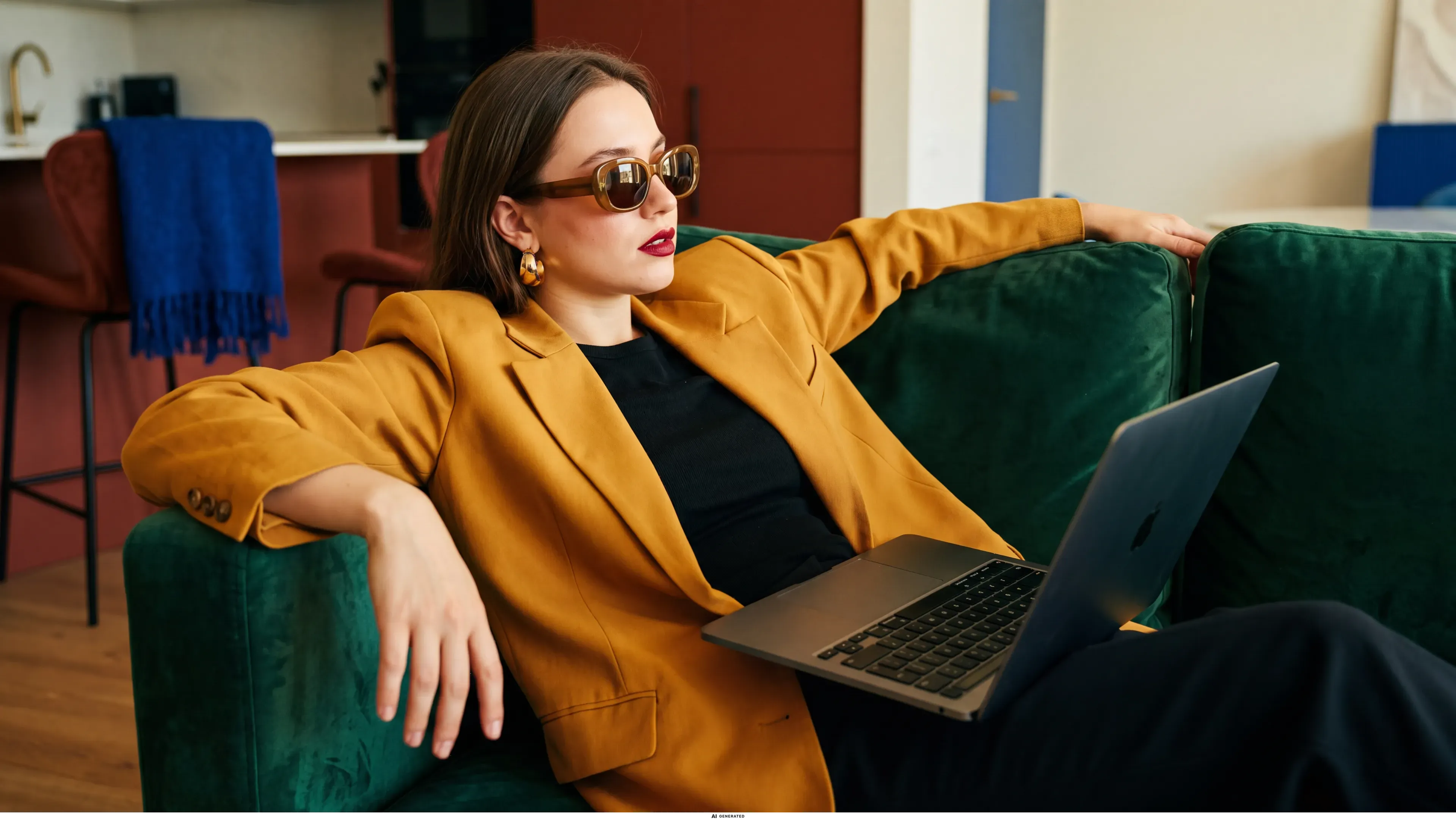 Eine Frau liegt entspannt auf einem Sofa, ein aufgeklapptes Laptop auf dem Schoß.