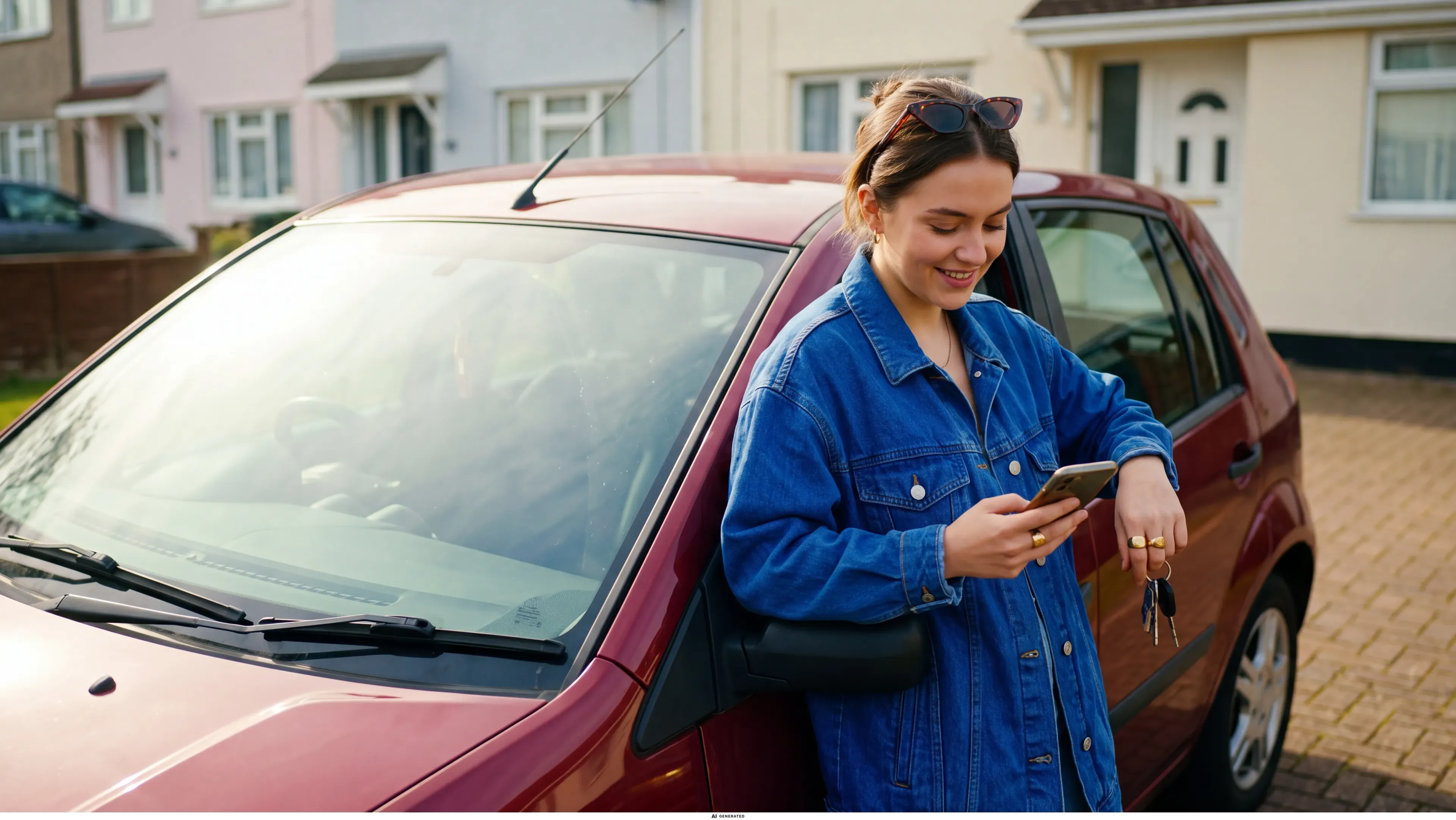 Eine Frau steht neben ihrem Auto und schaut auf ihr Smartphone.