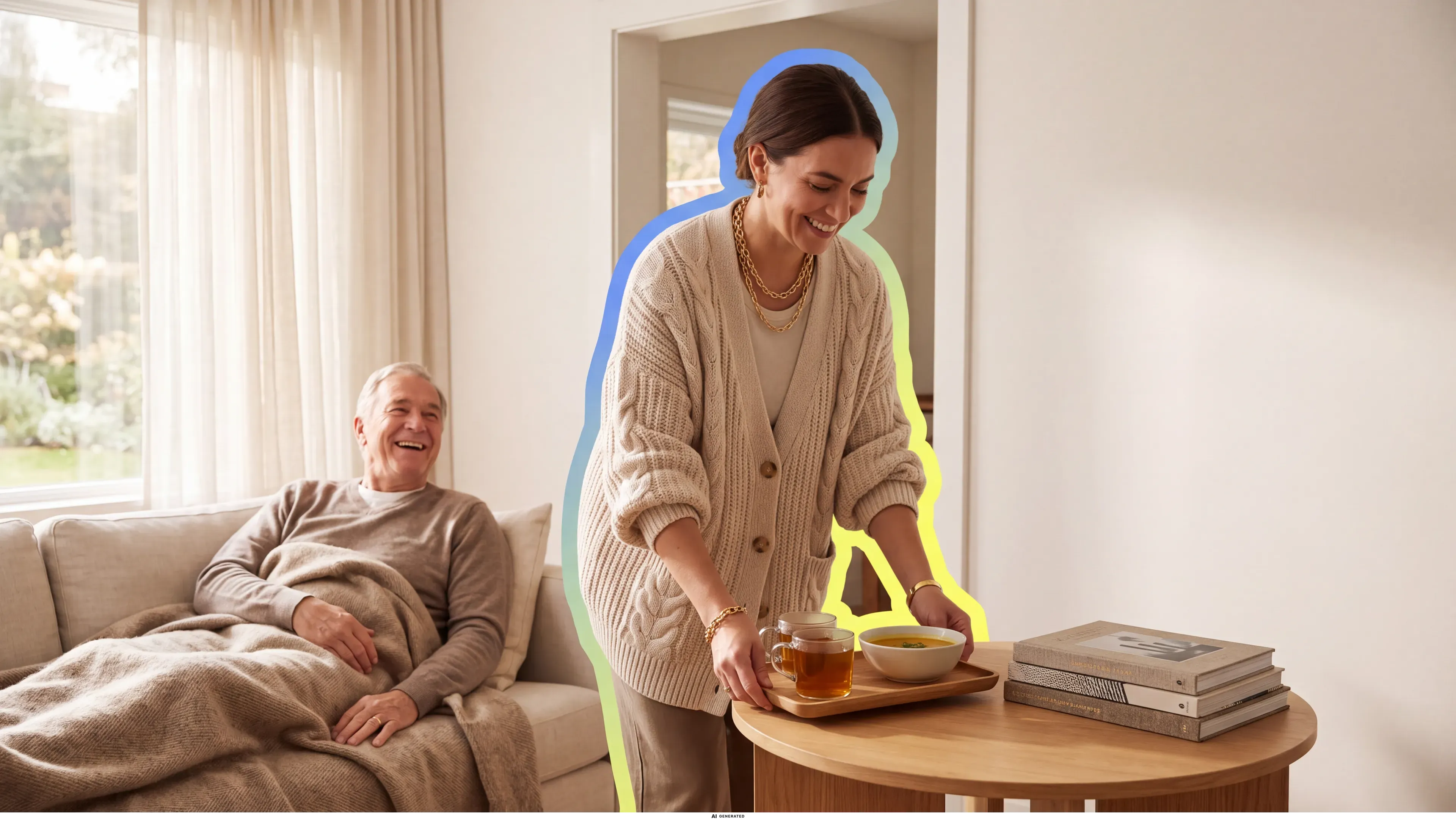 Eine Frau bringt einer Angehörigen Tee ans Sofa.
