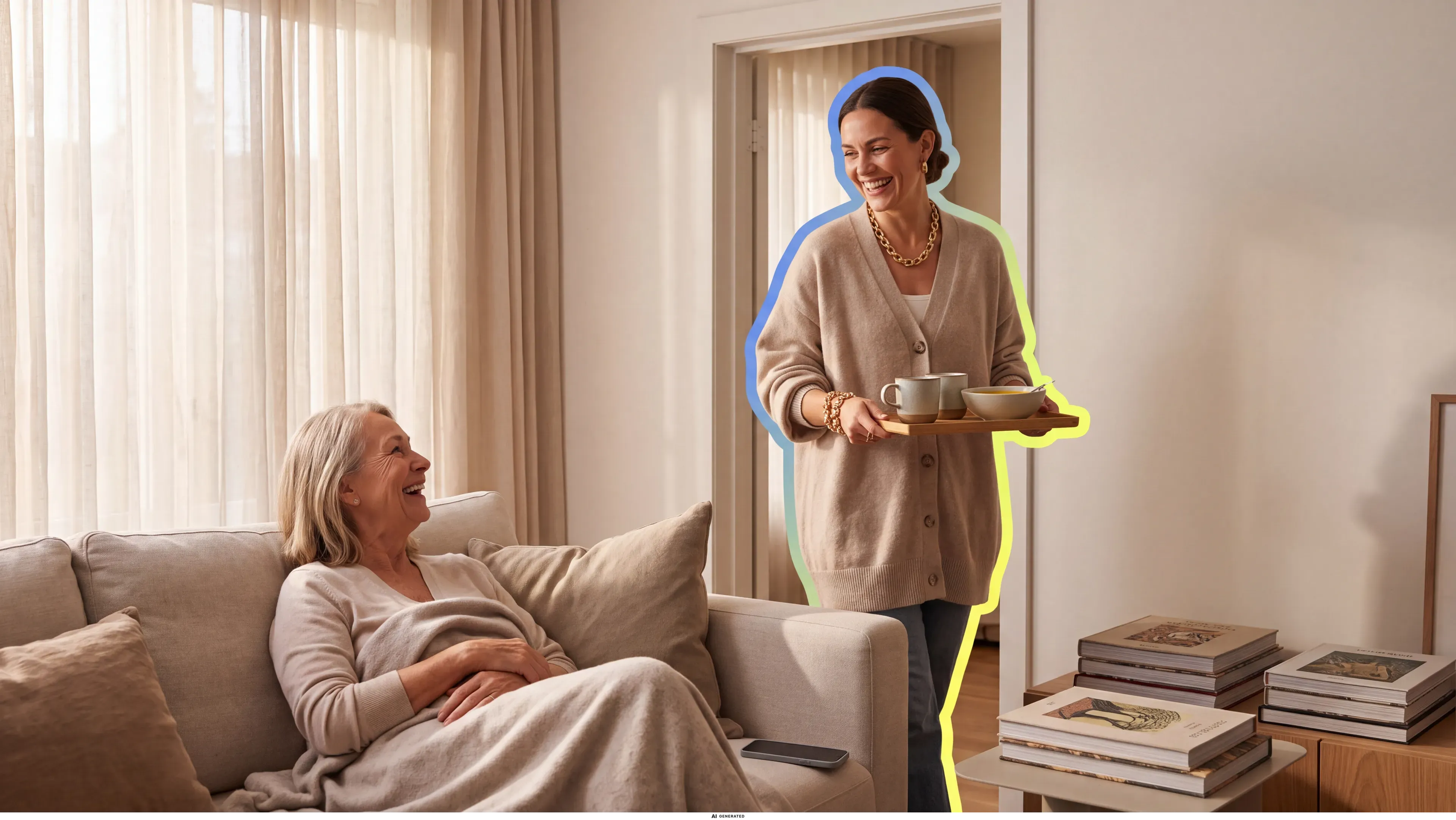 Eine Frau bringt einer Angehörigen Tee ans Sofa.