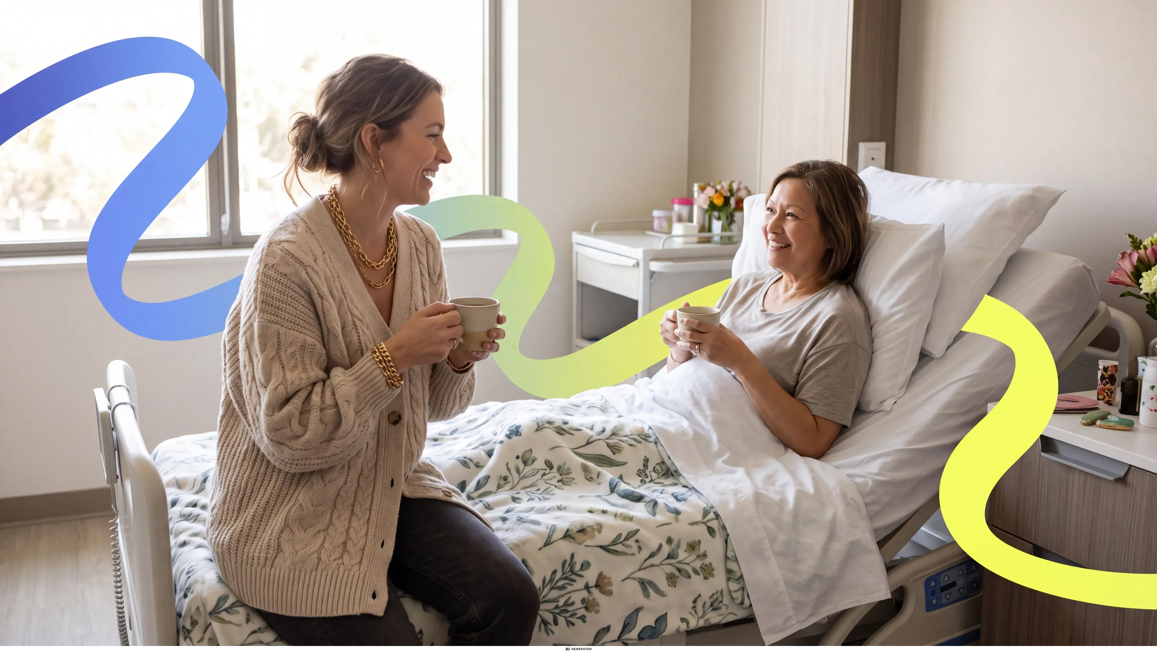 Eine Frau bringt einer Angehörigen Tee ans Krankenhausbett.