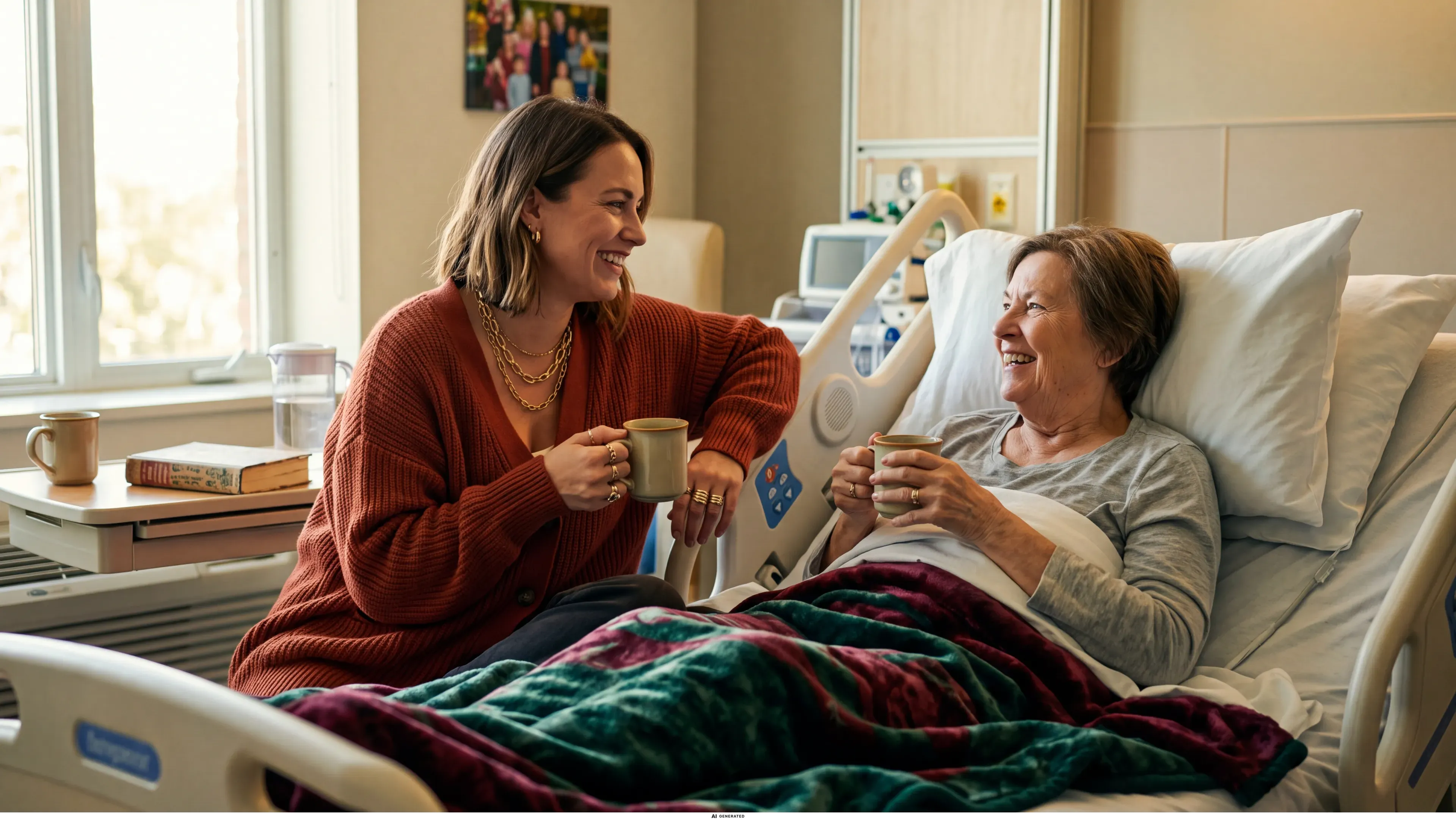 Eine Frau bringt einer Angehörigen Tee ans Krankenhausbett.