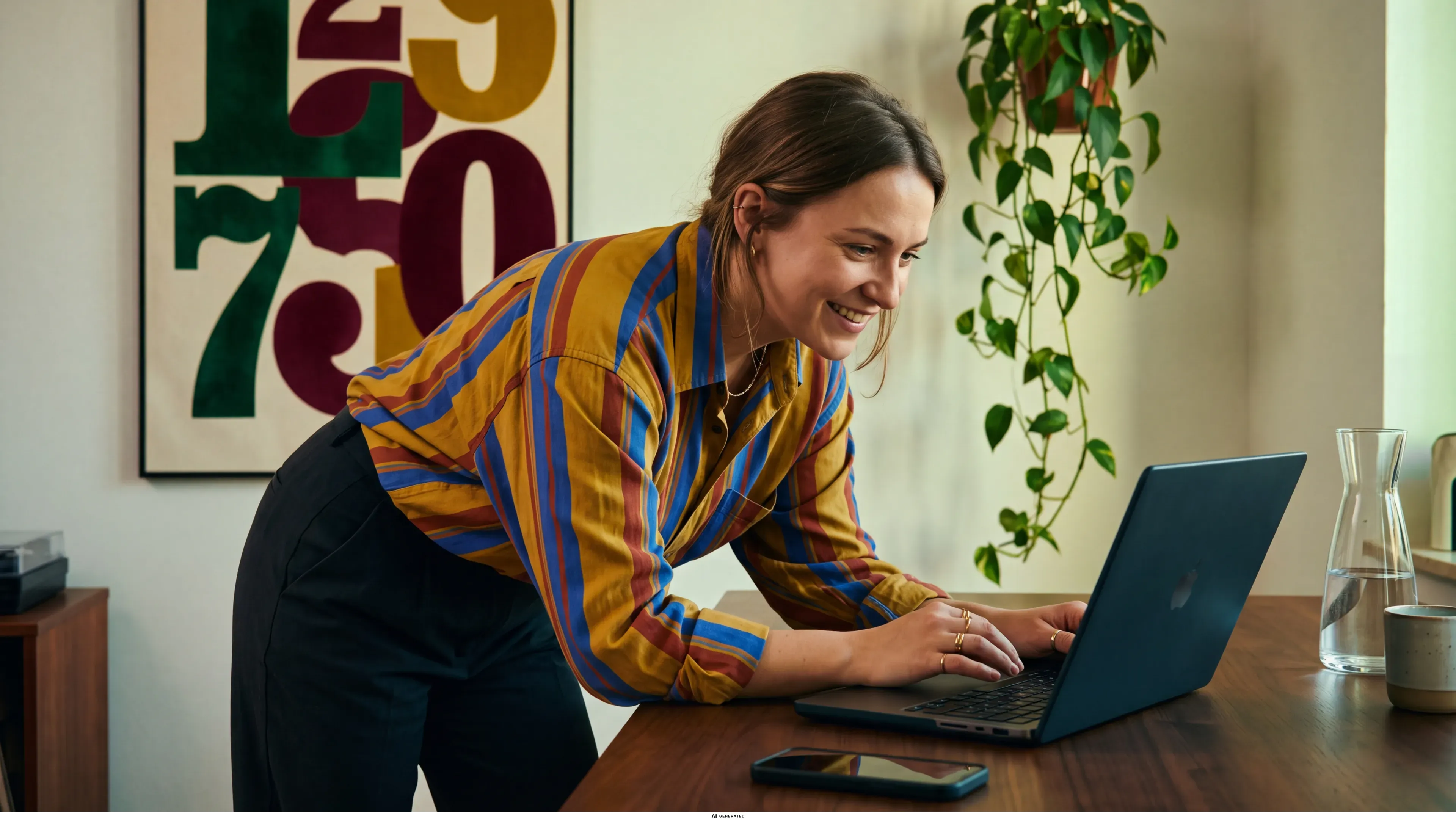 Eine Frau lehnt sich lächelnd über ihren Laptop am Schreibtisch.