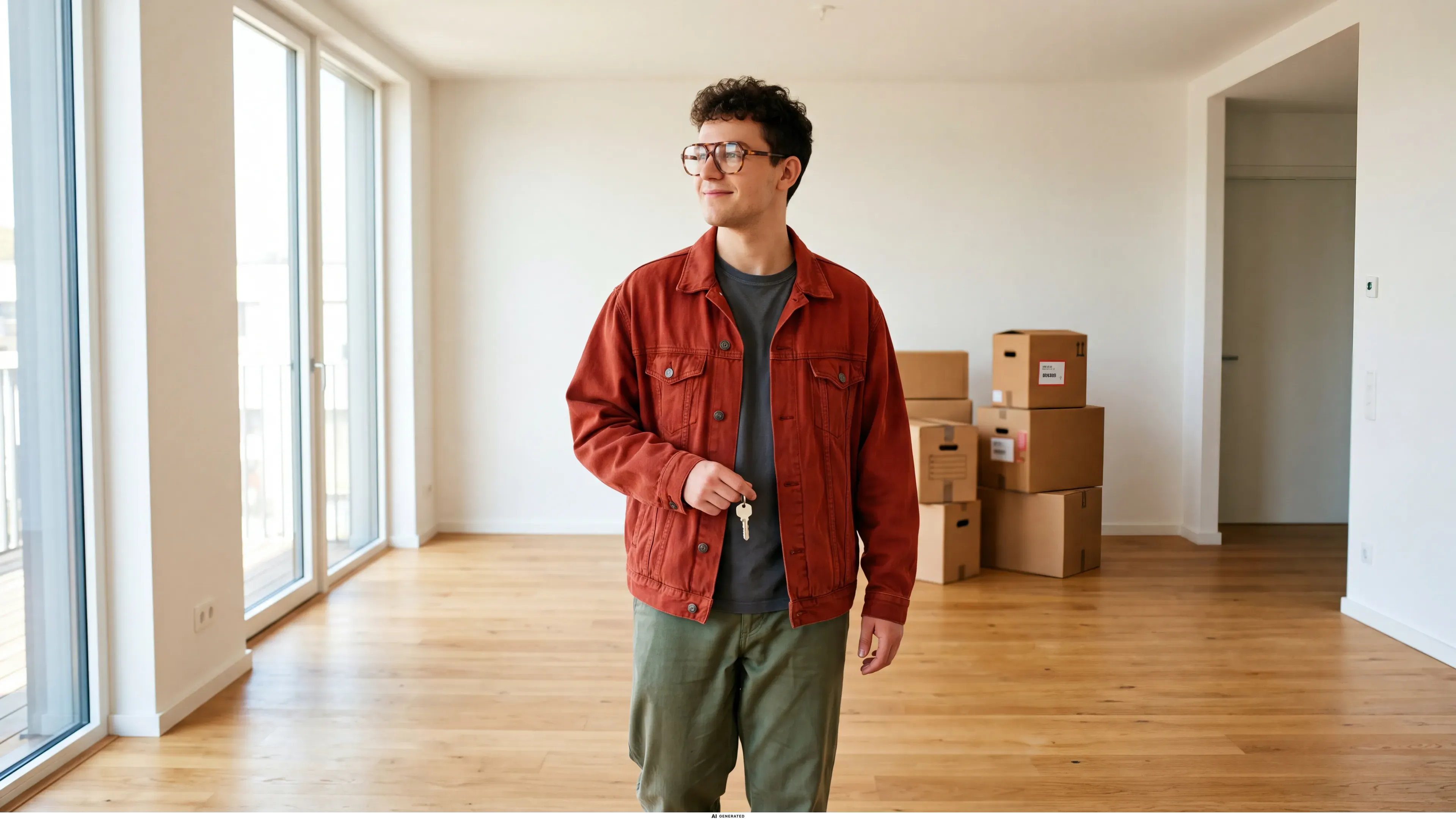 Ein junger Mann steht mit dem Schlüssel in einer leeren Wohnung.
