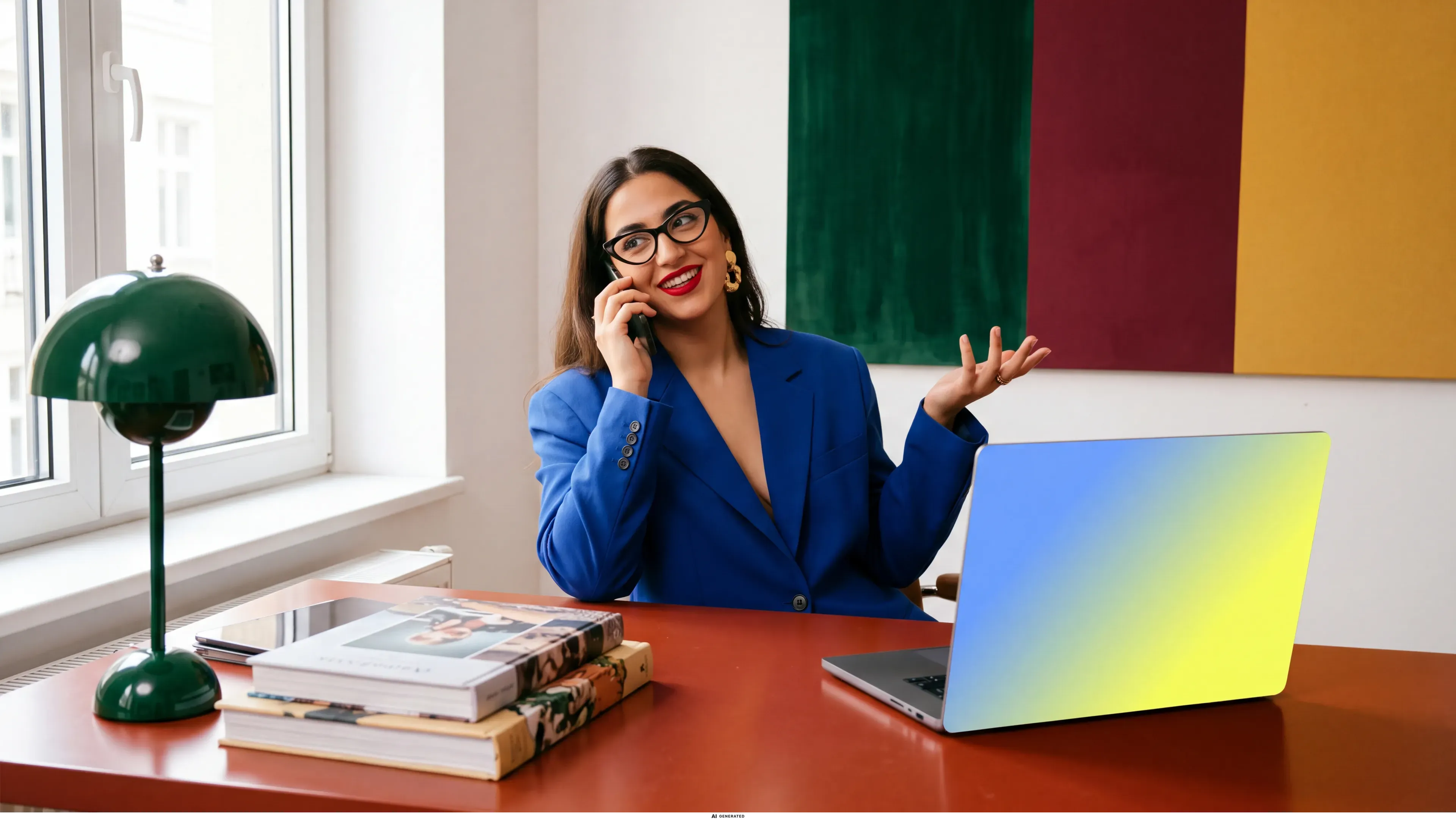 Eine Frau lehnt sich an ihrem Schreibtisch zurück und telefoniert lächelnd, neben ihr ein aufgeklapptes Laptop.