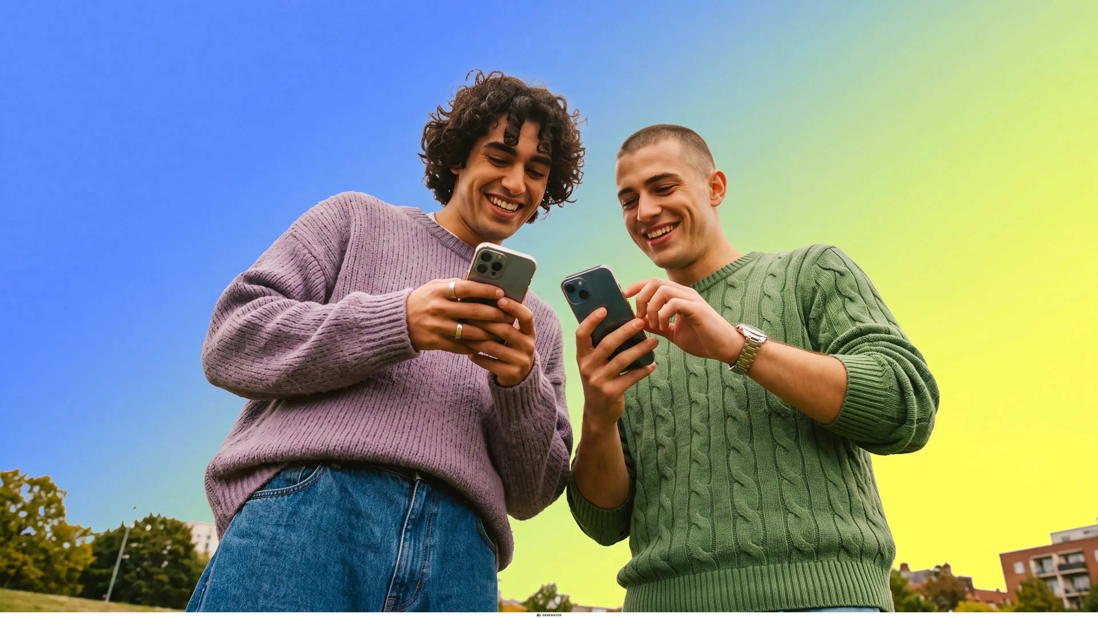 Zwei Freunde tippen draußen auf ihre Smartphones vor einem farbenfrohen Himmel.