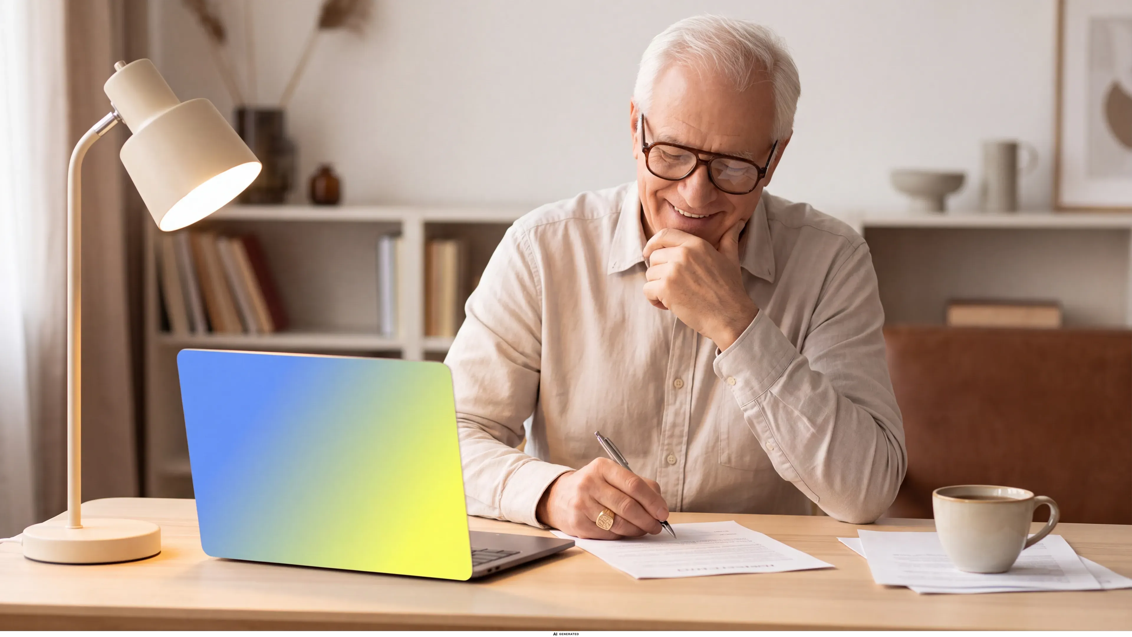 Ein älterer Mann unterschreibt ein Formular am Schreibtisch.
