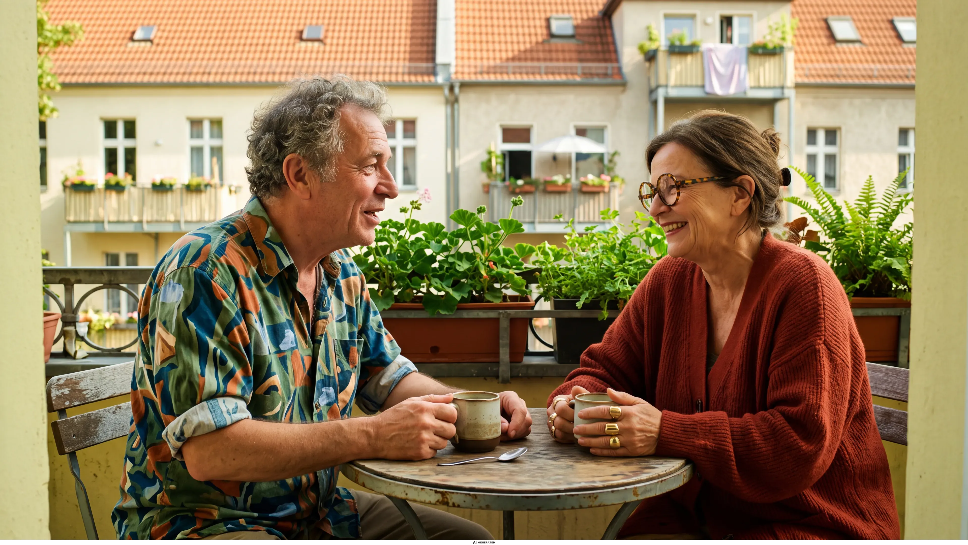 Ein älteres Paar sitzt lächelnd bei einer Tasse Kaffee auf dem Balkon.