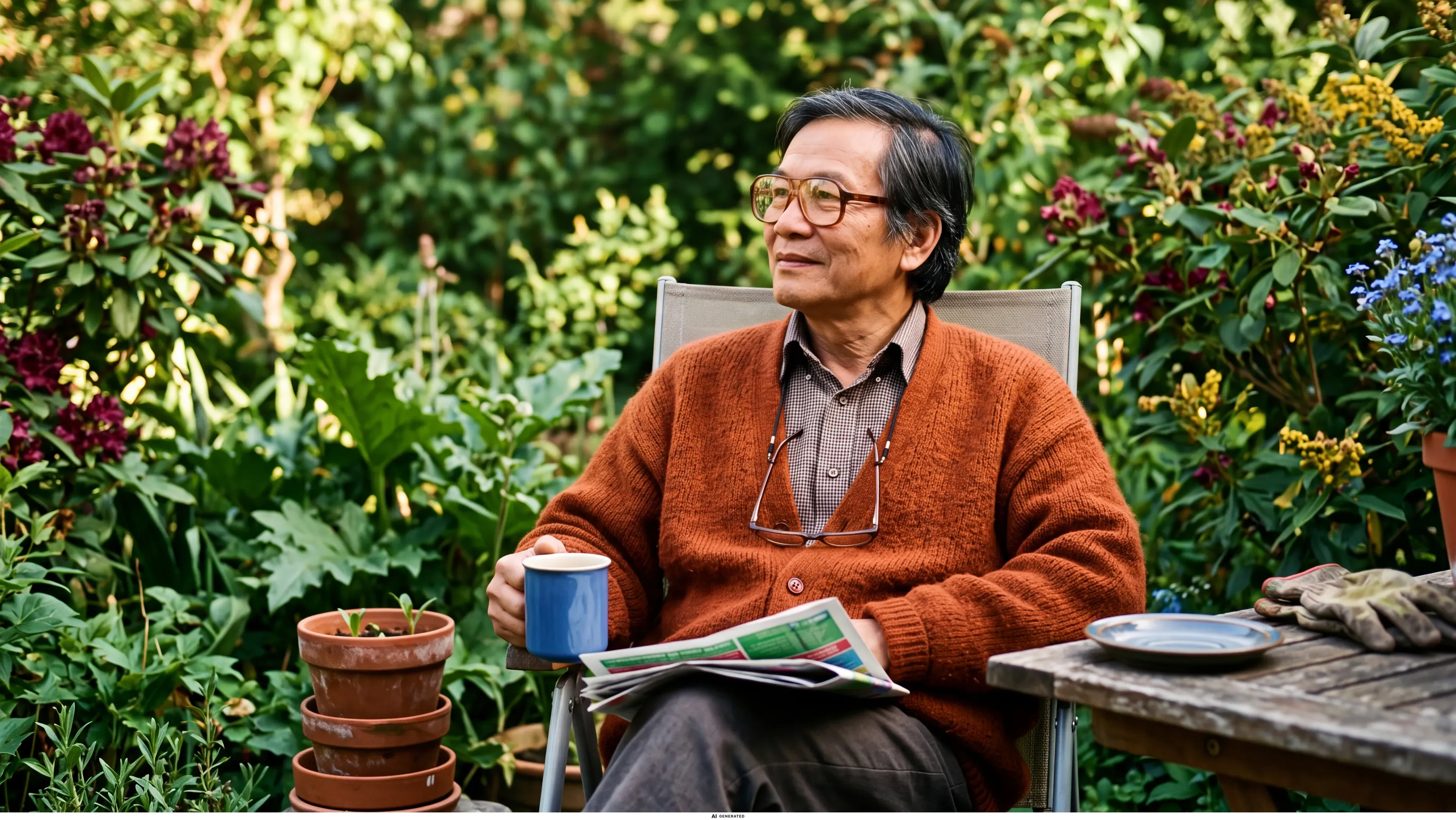 Ein älterer Mann sitzt mit Kaffee im Garten.