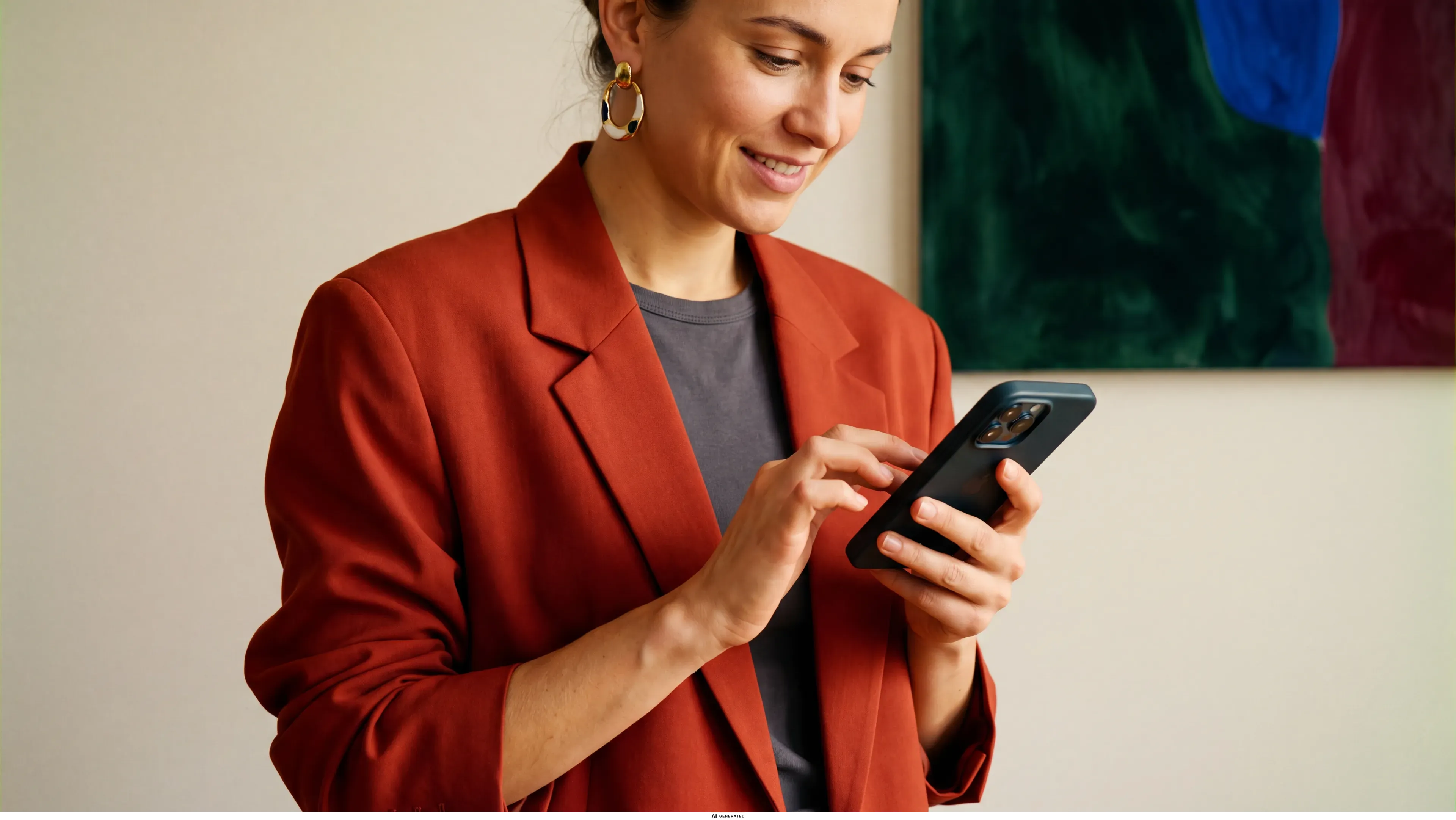 Nahaufnahme einer Frau, die mit beiden Händen auf ihr Smartphone tippt.
