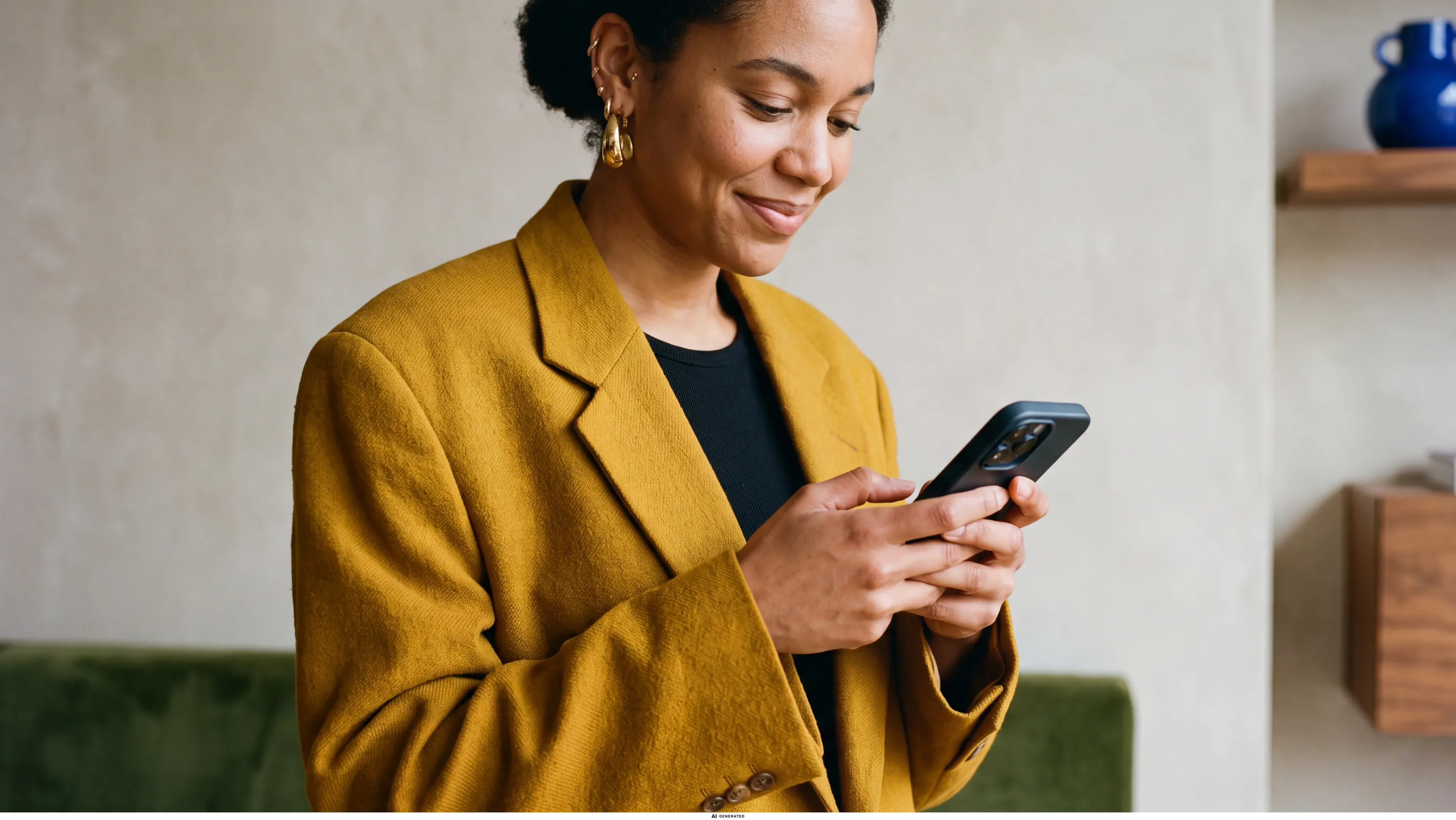 Nahaufnahme einer Frau, die mit beiden Händen auf ihr Smartphone tippt.