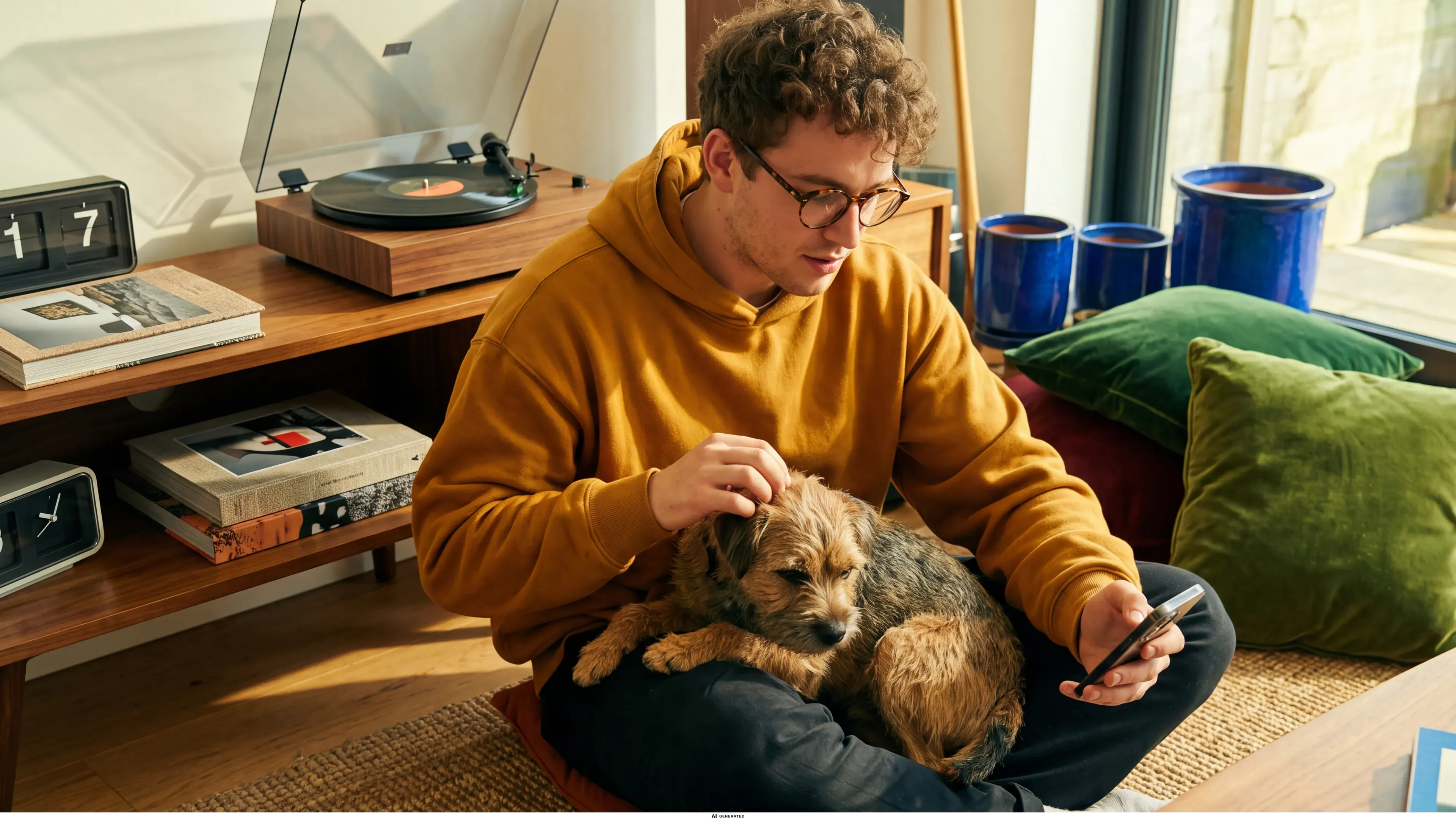 Ein Mann sitzt mit seinem Hund auf dem Wohnzimmerboden.