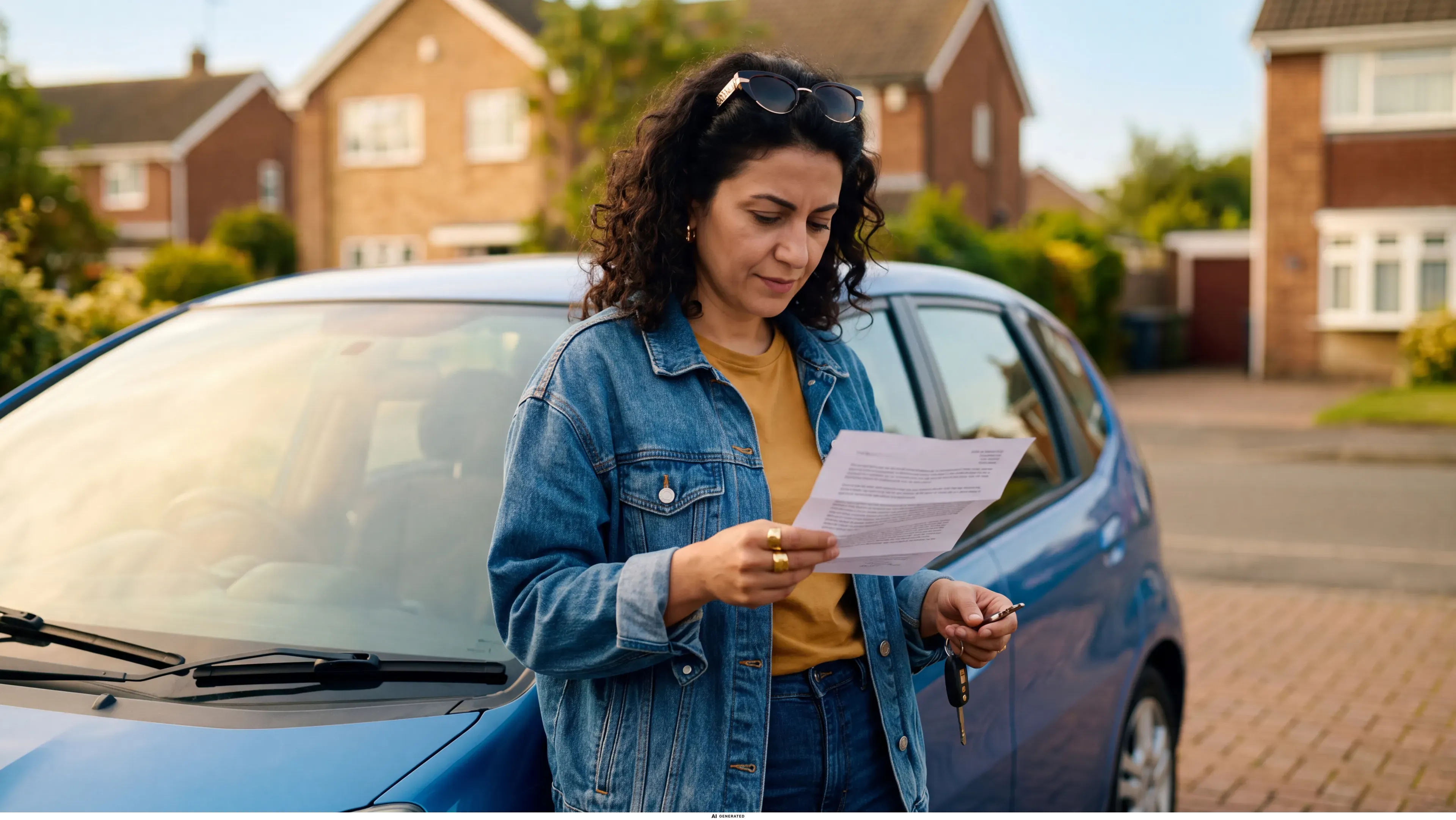 Eine Frau liest einen Brief neben ihrem Auto.