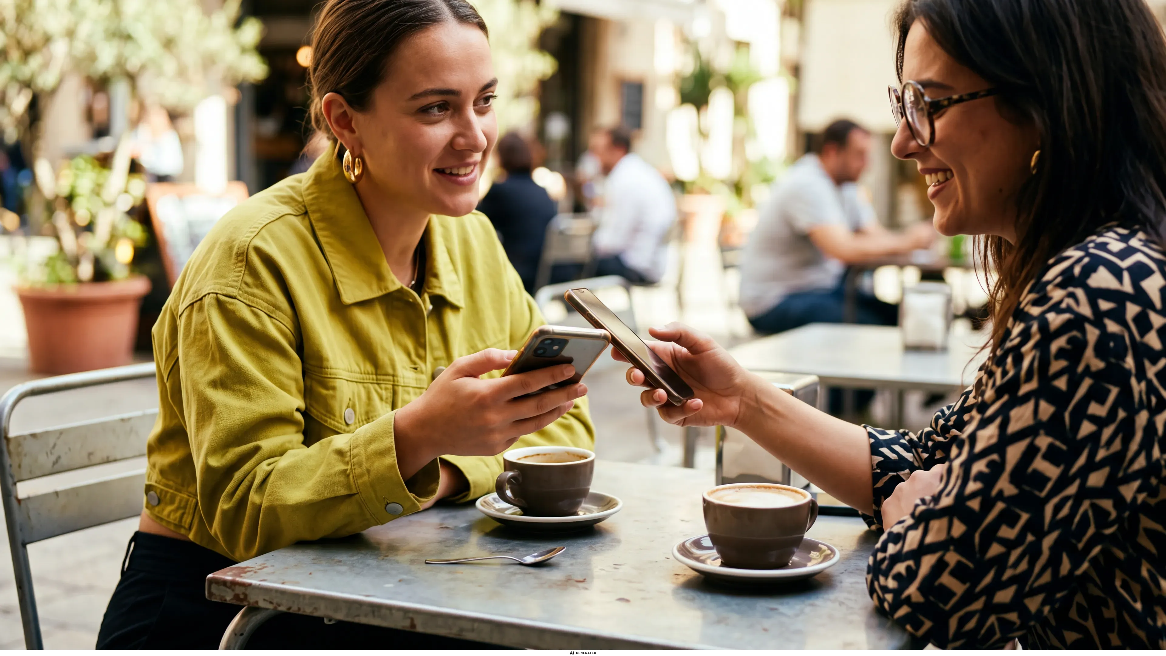 Zwei Freundinnen sitzen mit einem Smartphone an einem Café-Tisch.